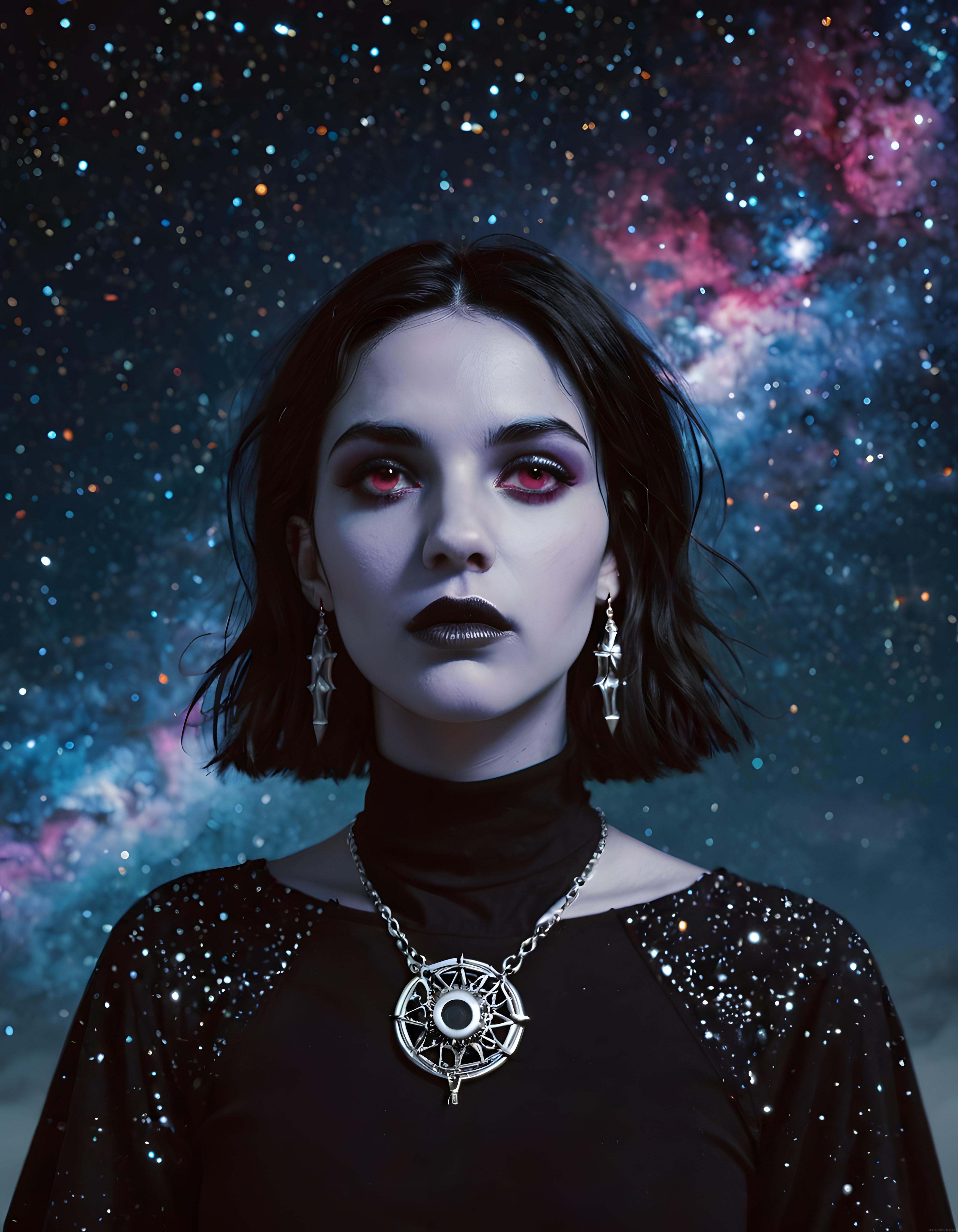 Gotik Estetikte Kozmik Arka Planlı Gizemli Kadın Portresi ve Yıldızlar