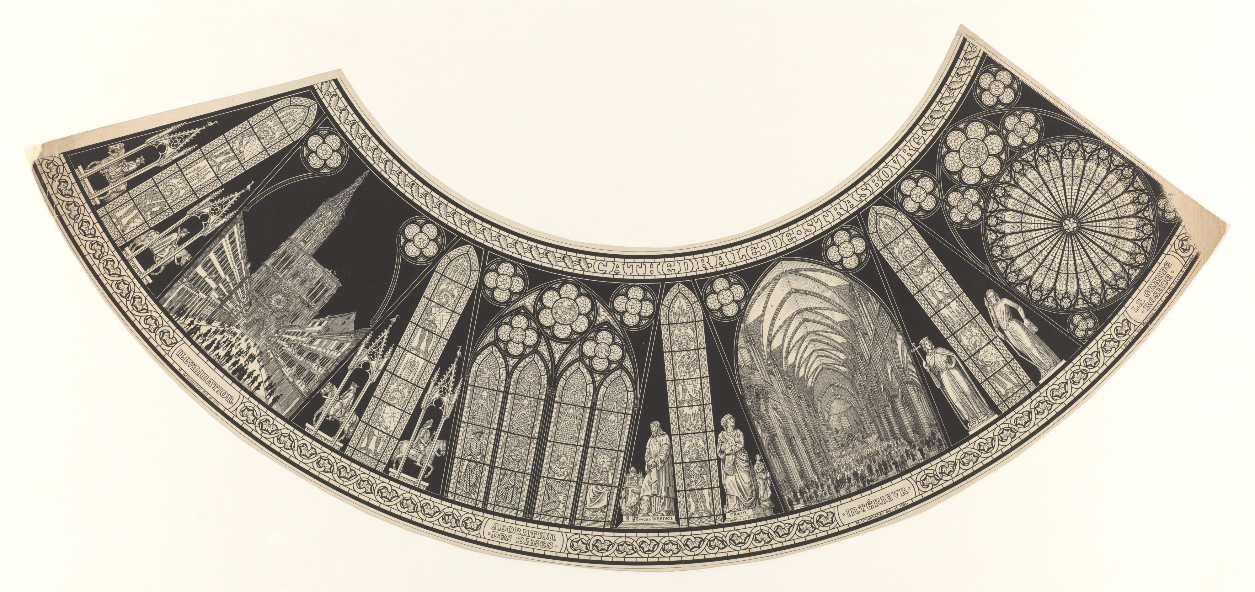 Gotik katedral iç mekanı, vitray pencereler ve rozet detaylarıyla tarihi gravür