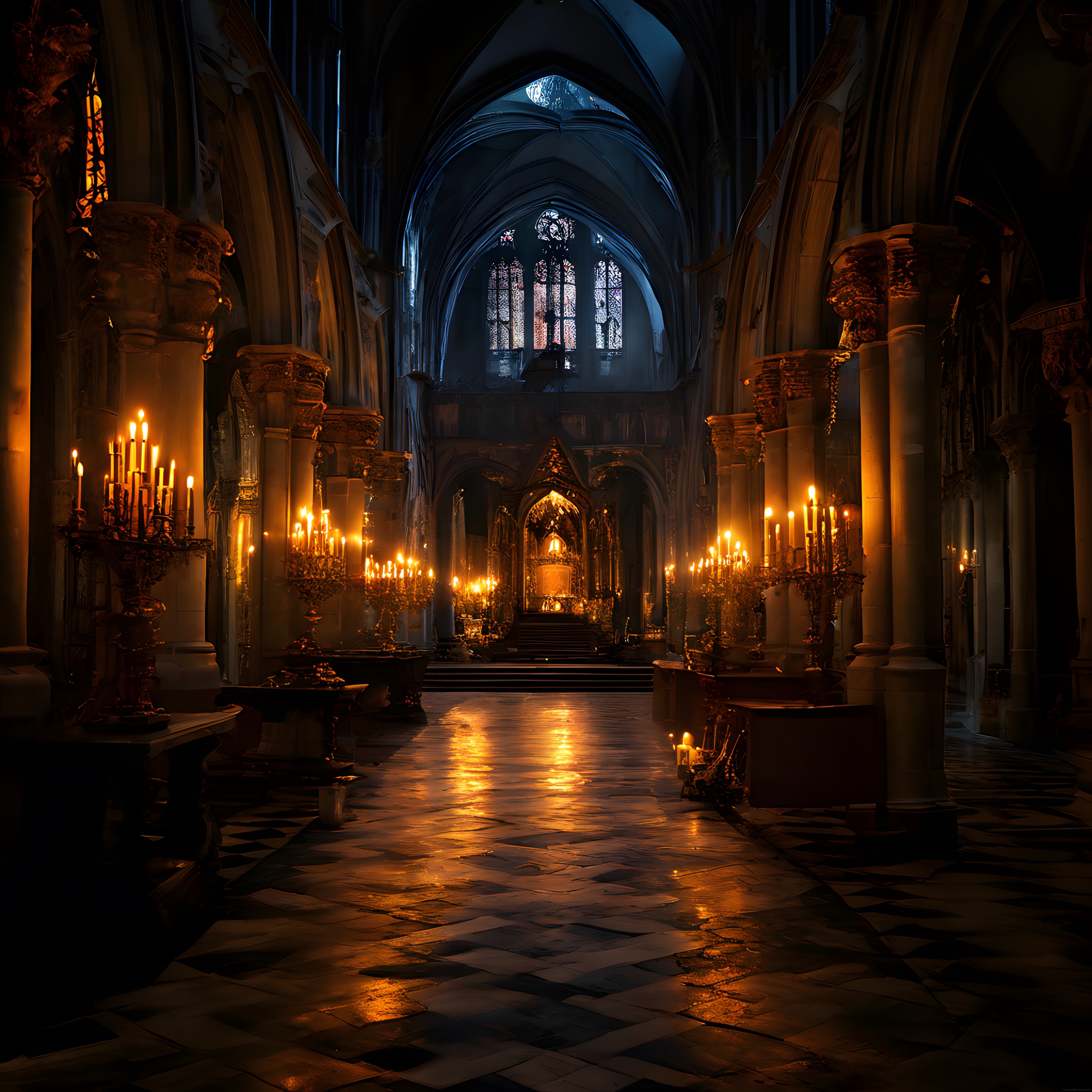 Gotik Katedral İçi Mum Işığında Mistik Atmosfer ve Gotik Mimari Detayları