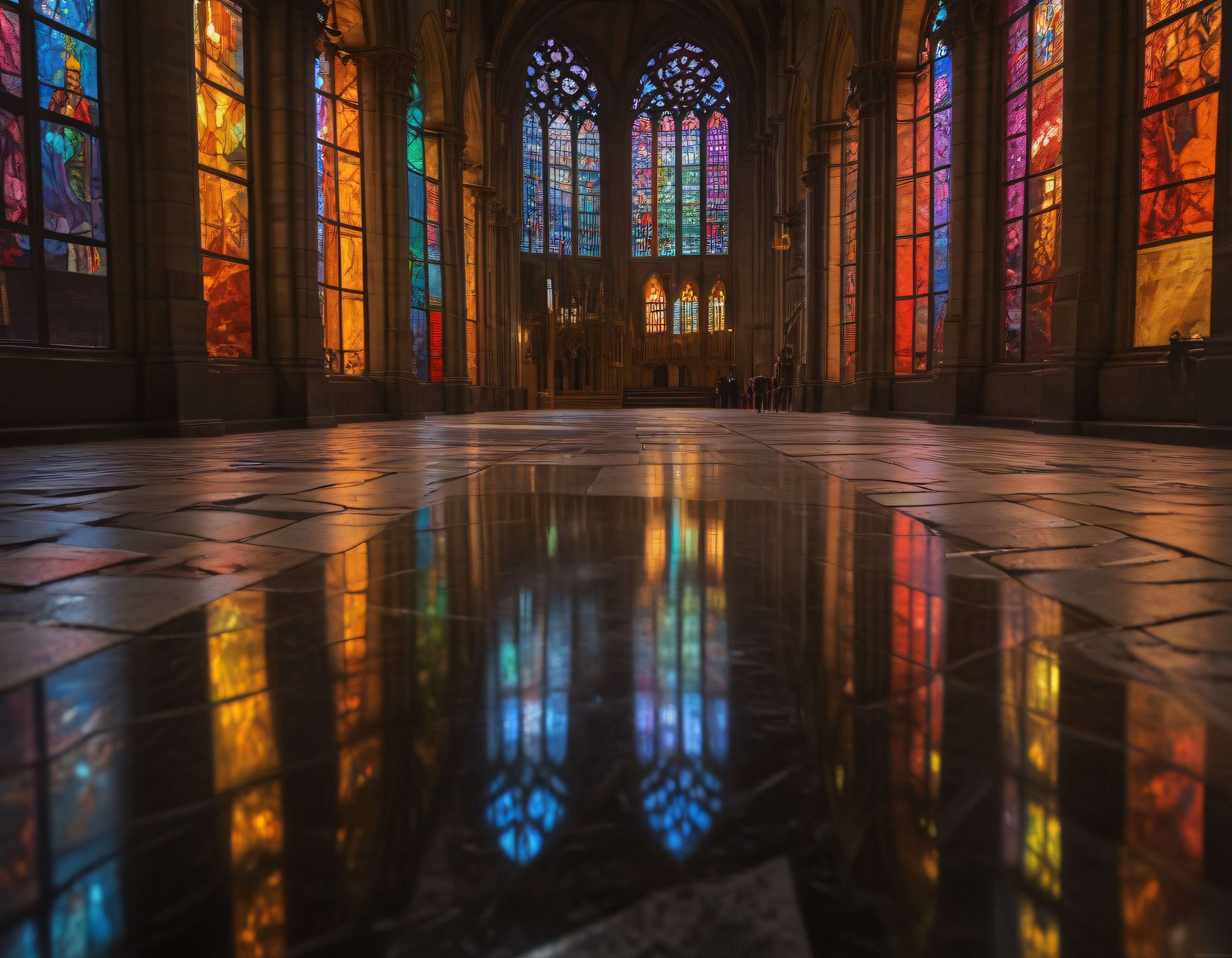 Gotik Katedral İçi: Renkli Vitrayların Islak Zemindeki Büyüleyici Yansıması