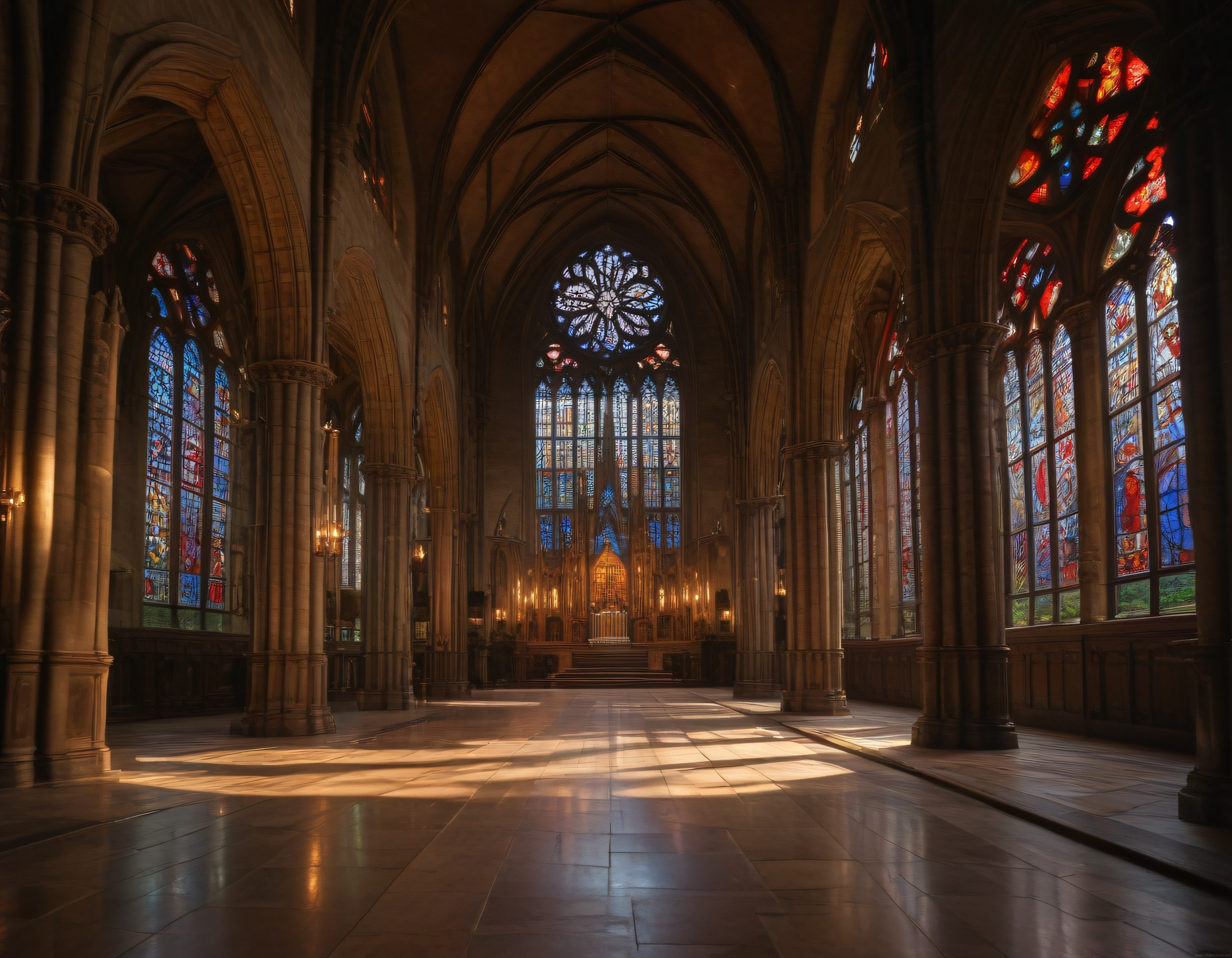 Gotik Katedral İçi: Vitray Pencereler ve Yüksek Tonozlu Kutsal Mimarisi
