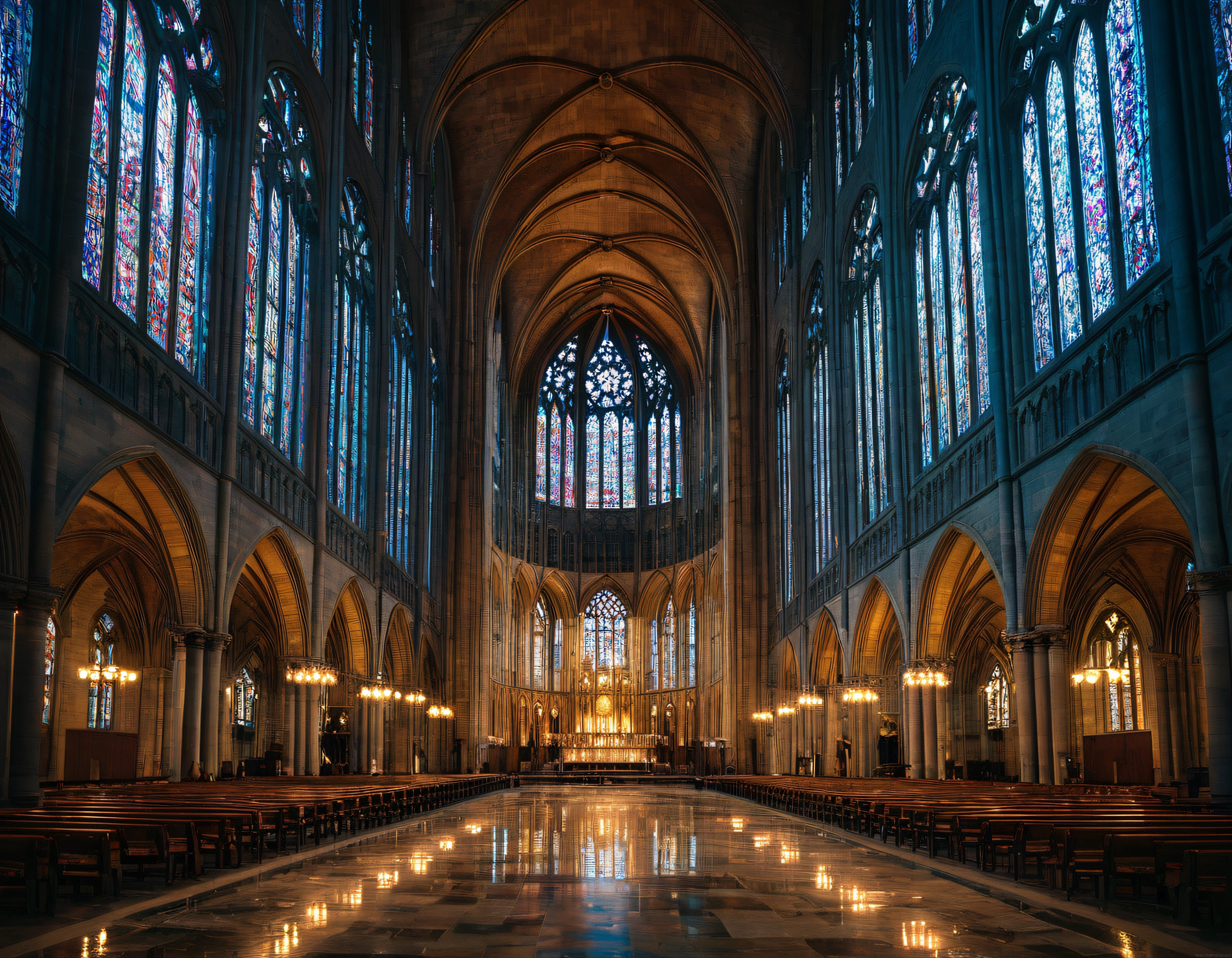 Gotik Katedral İçi: Vitraylar ve Yüksek Kemerlerin Büyüleyici Uyumu