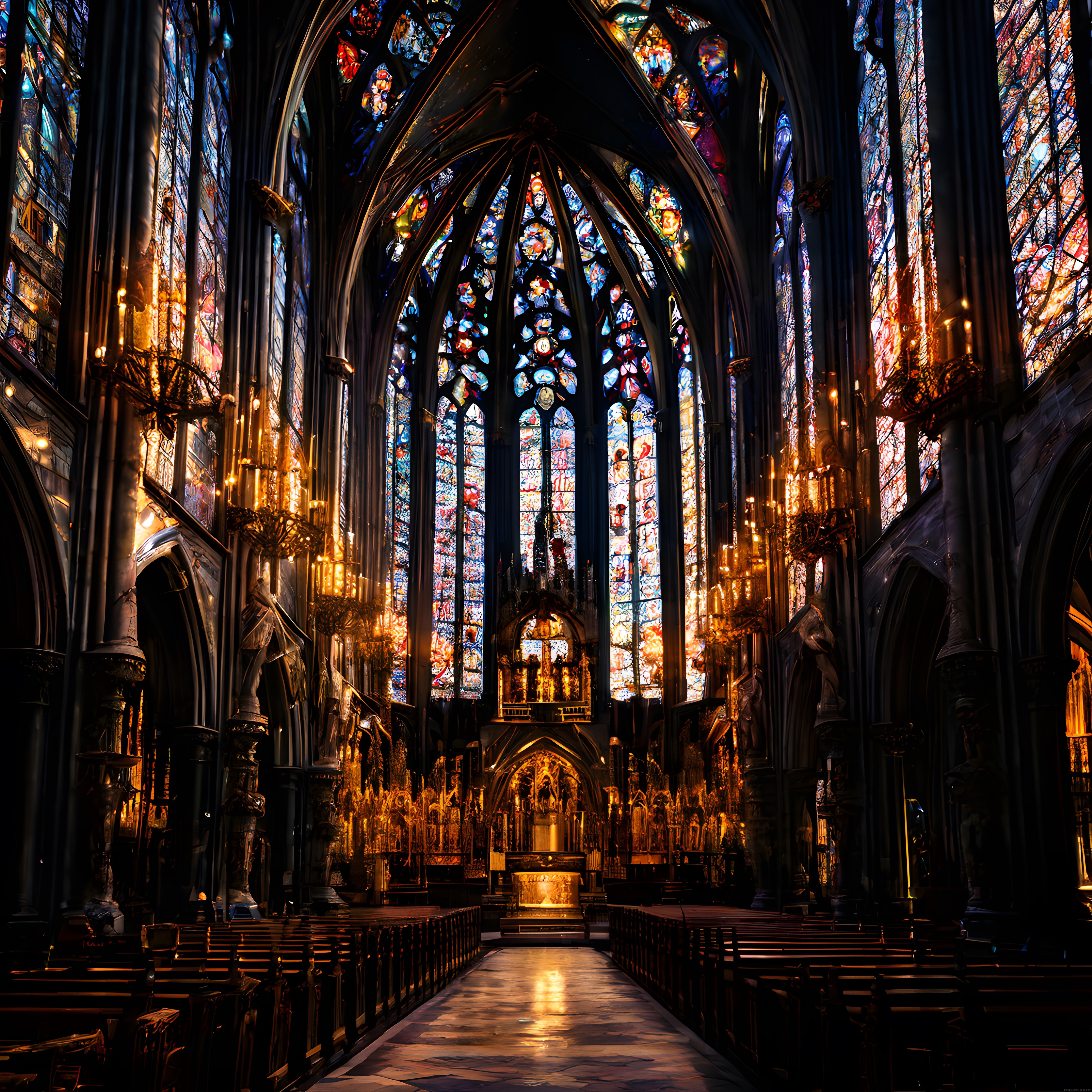 Gotik Katedral: Vitray Işığı ve Mumlarla Süslenmiş Tarihi İbadethane İçi