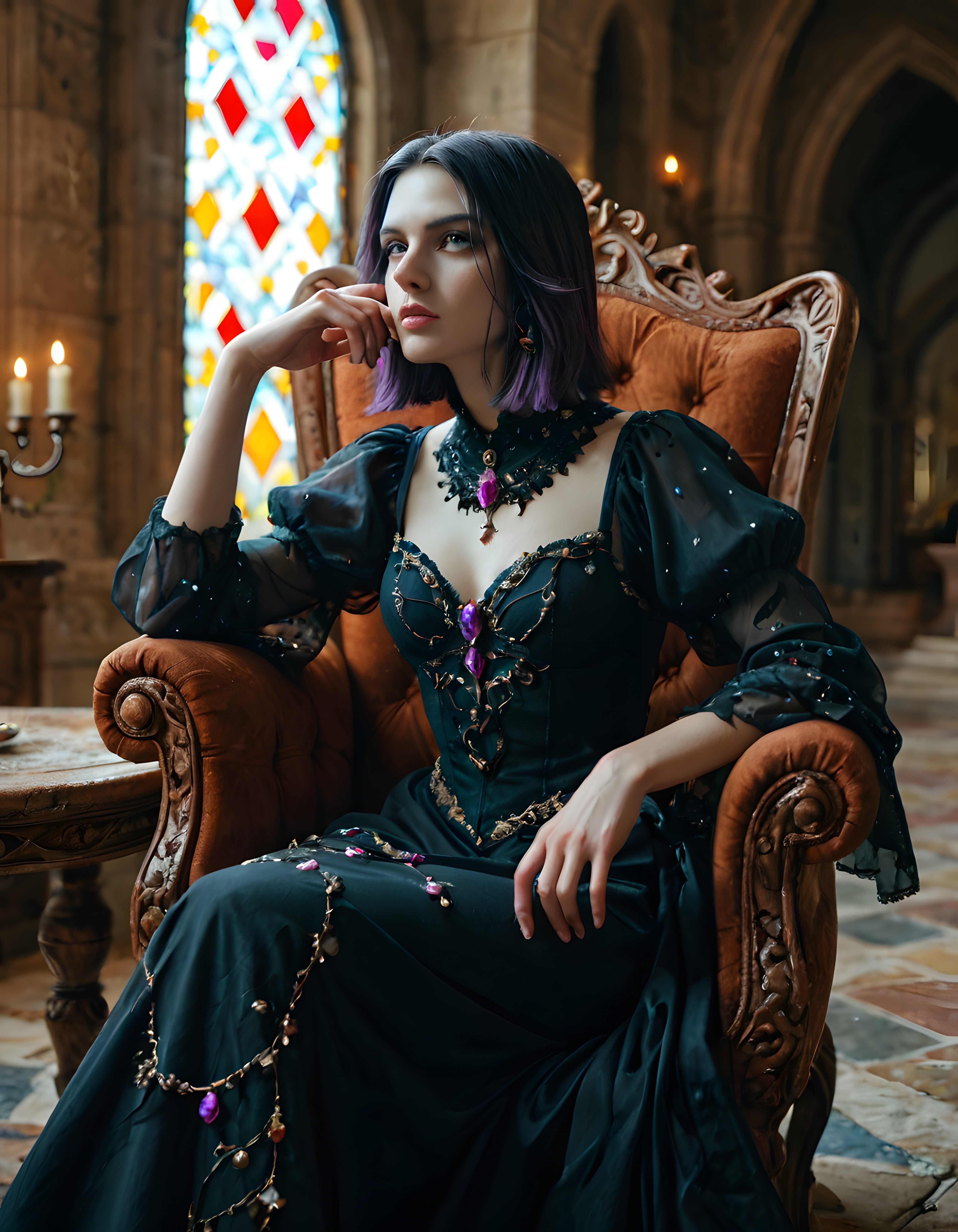 Gotik Katedralde Mor Saçlı Kadın: Fantastik Ortaçağ Portre Sanatı