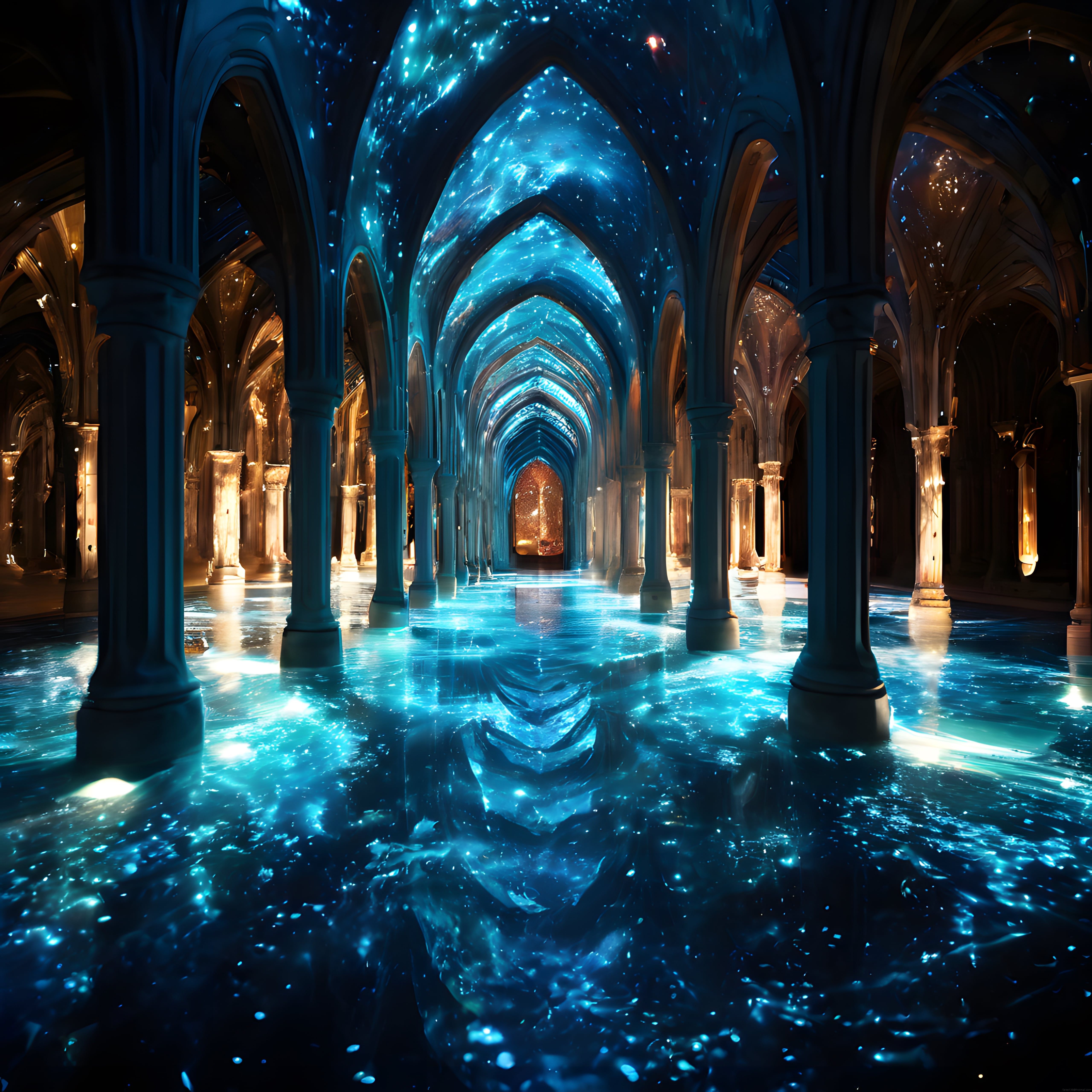 Gotik Kemerlerin Altındaki Büyülü Galaksi: Parlak Mavi Işıklı Fantastik Katedral