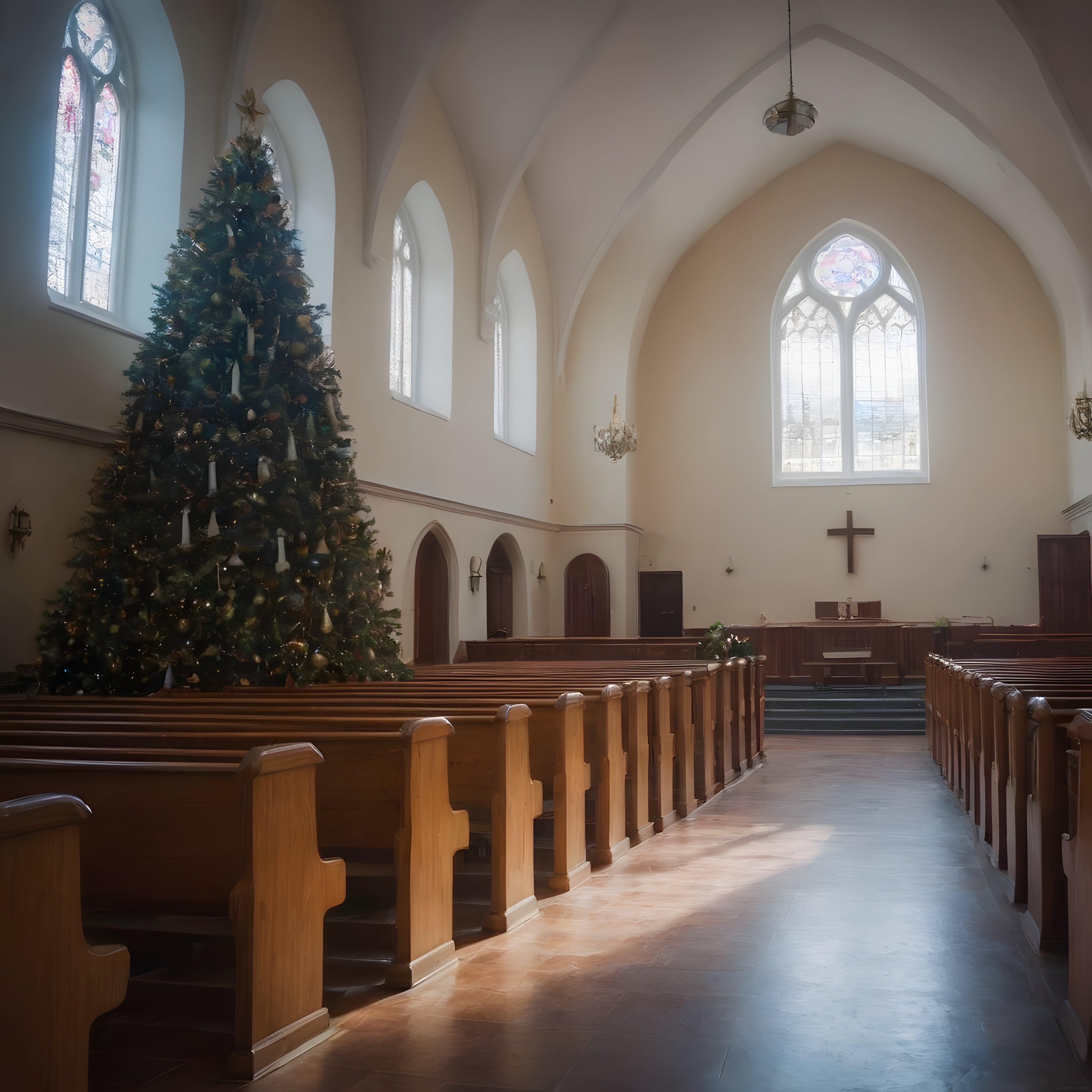 Gotik kilisede Noel ağacı, vitray ışığında ahşap sıralar ve altar