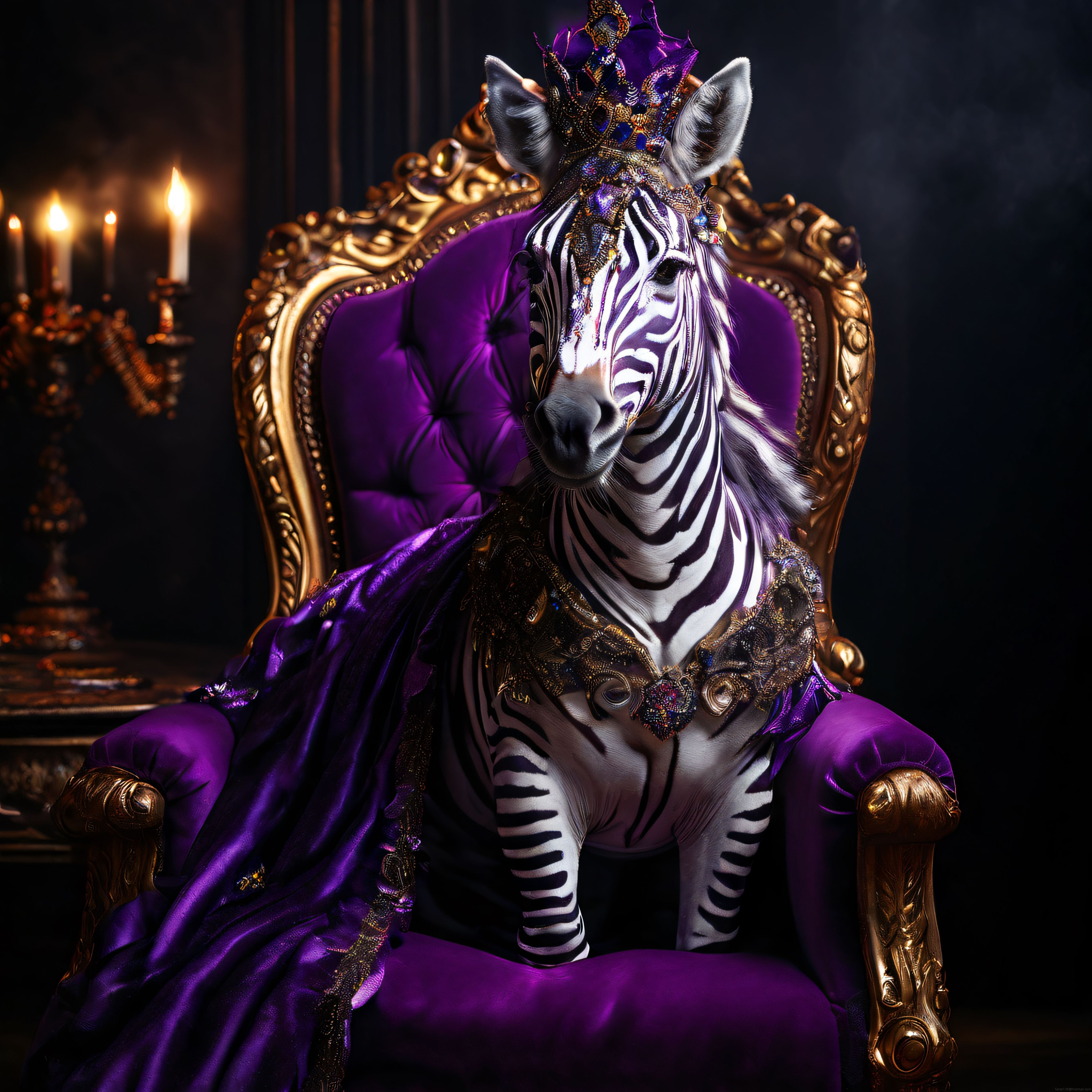 Gotik Salonda Mor Kadife Tahtta Mücevherli Taçlı Kral Zebra Portresi