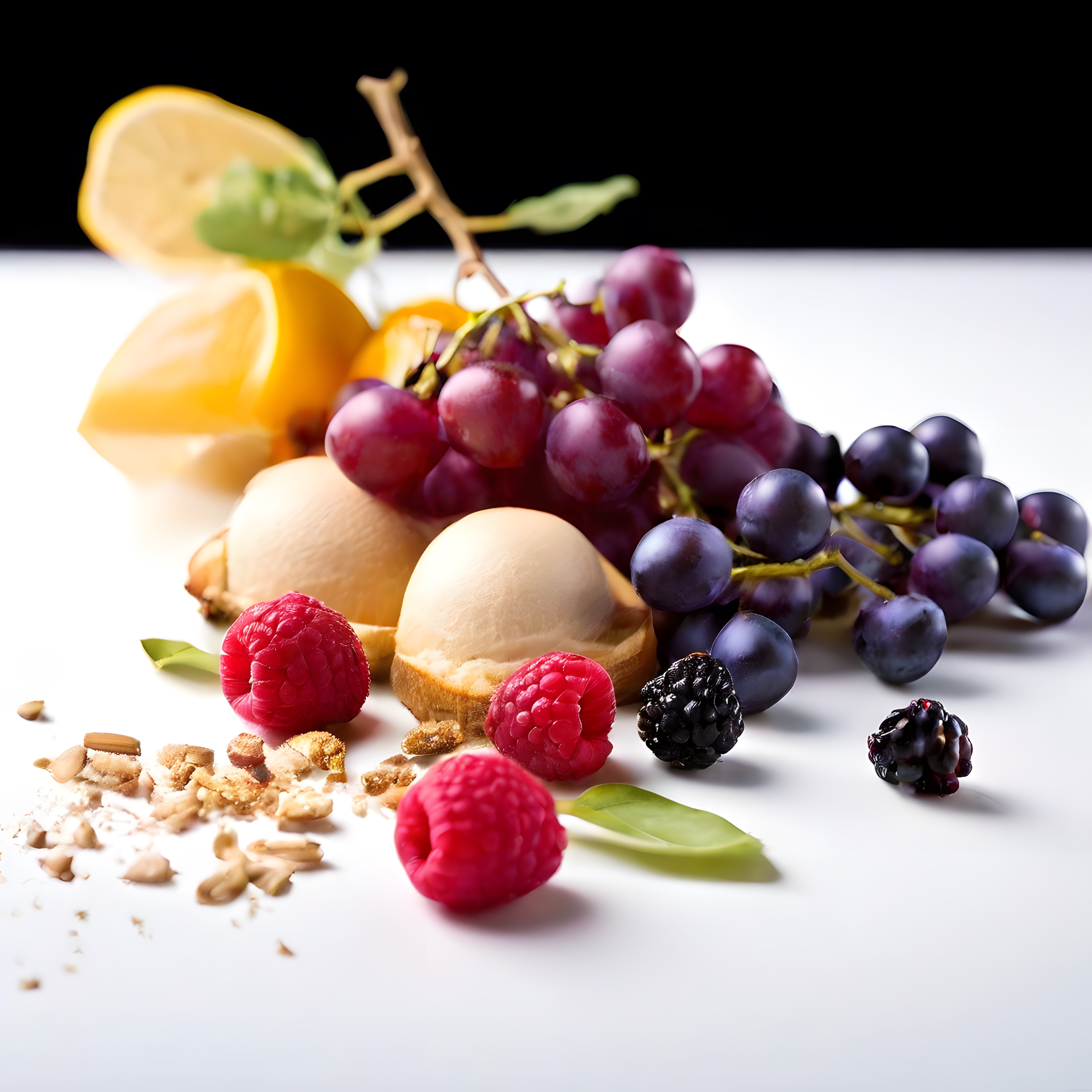 gourmet dondurma külahları orman meyveleri üzüm ve narenciye ile süslenmiş