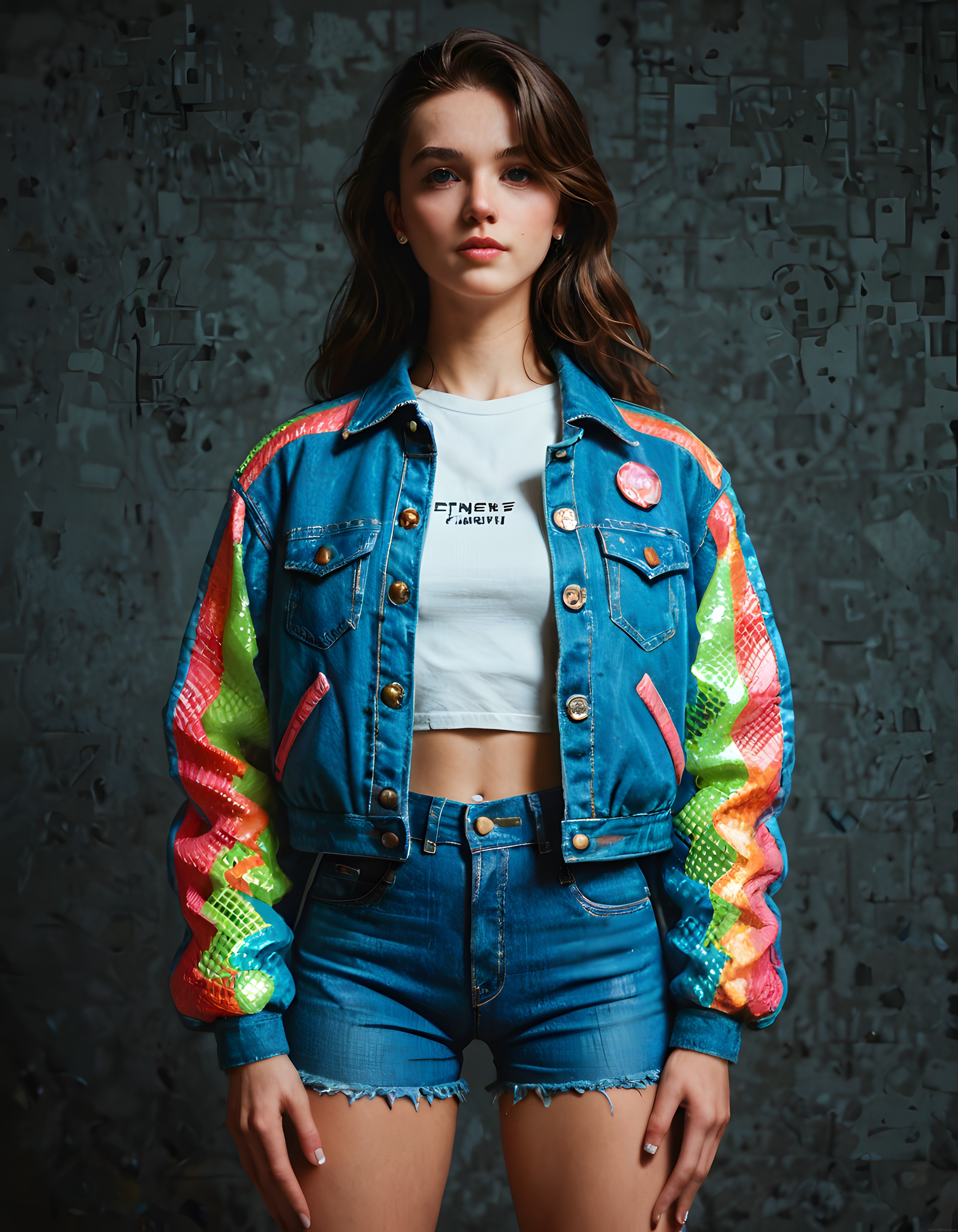 Gövdesi Renkli Patchli Neon Detaylı Denim Ceket Giyen Genç Kadın Portresi