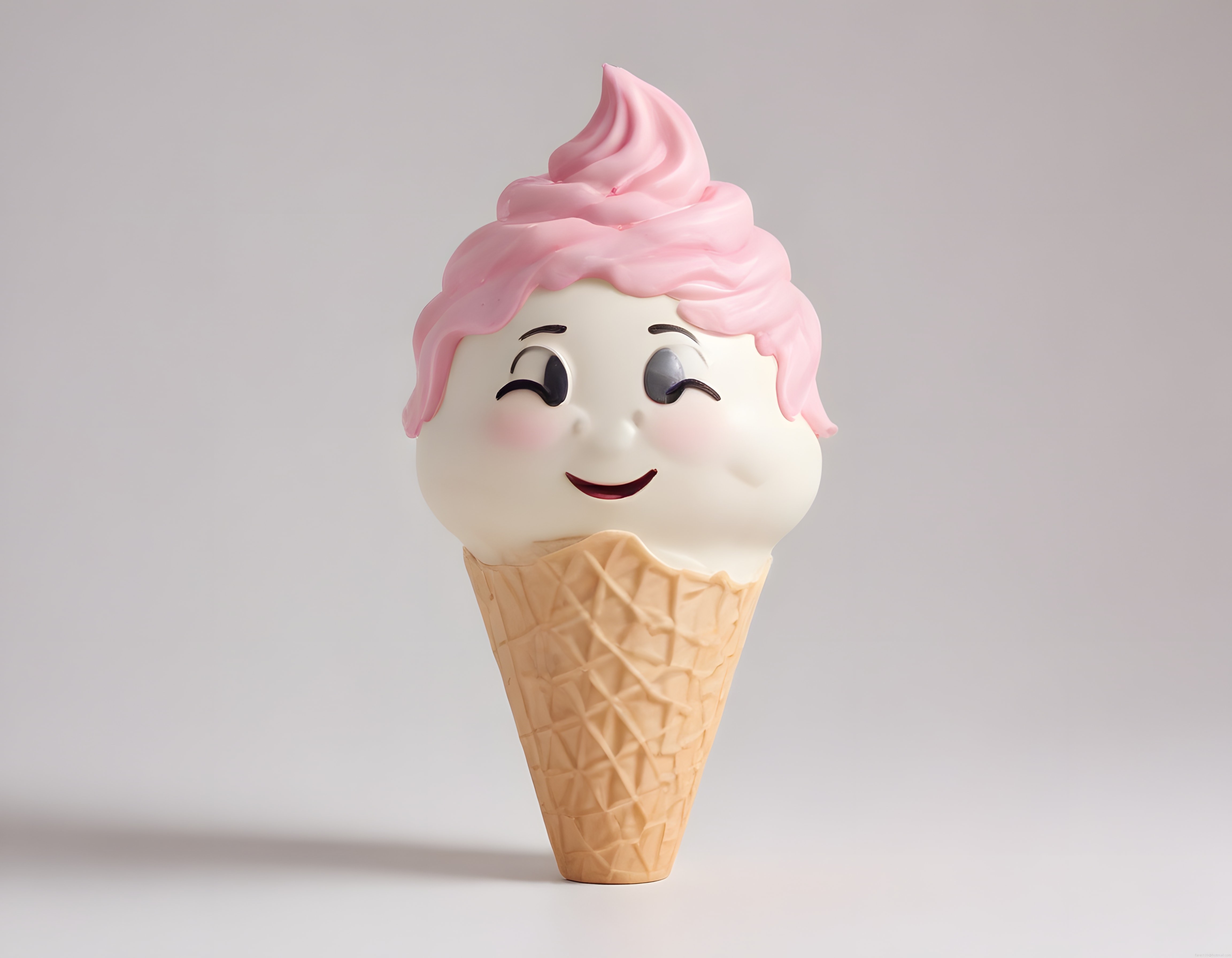 Göz Kırpan Pembe Dondurmalı Sevimli 3D Karakter ve Waffle Külah Tasarımı