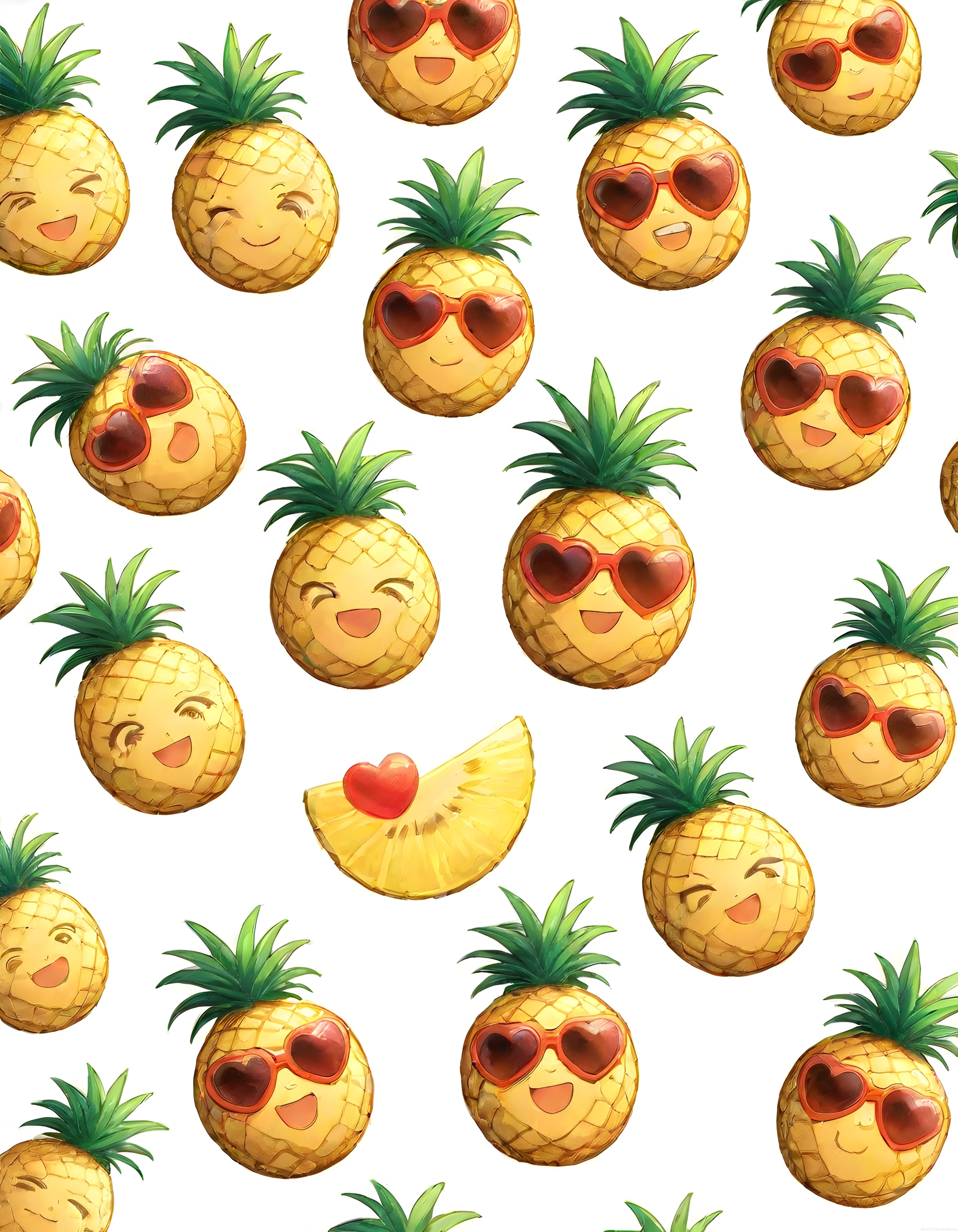 göz kırpan ve kalpli güneş gözlüklü sevimli ananas karakterleri deseni
