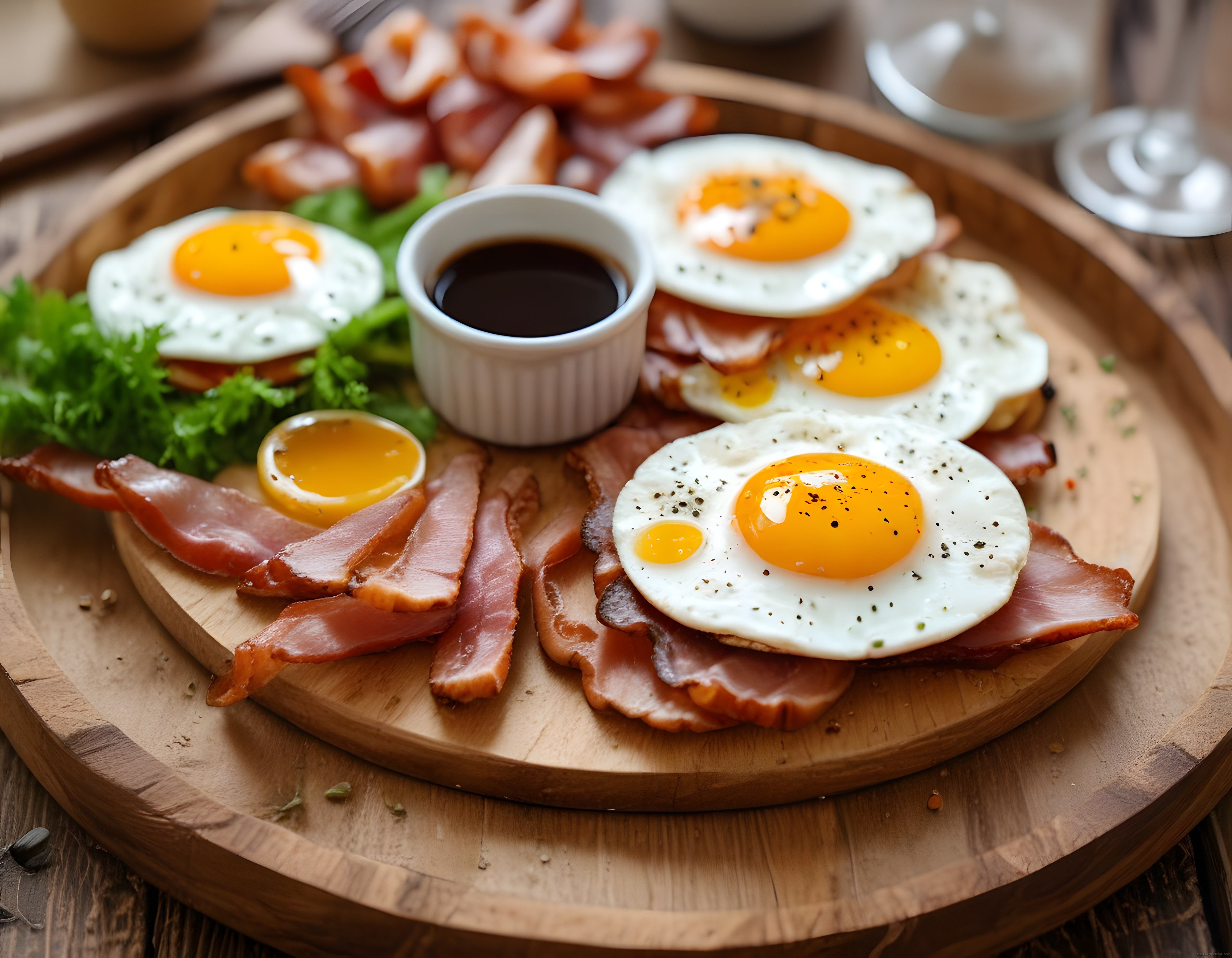 Göz Yumurta ve Çıtır Baconlı Ahşap Sunum Tahtasında Nefis Kahvaltı Tabağı