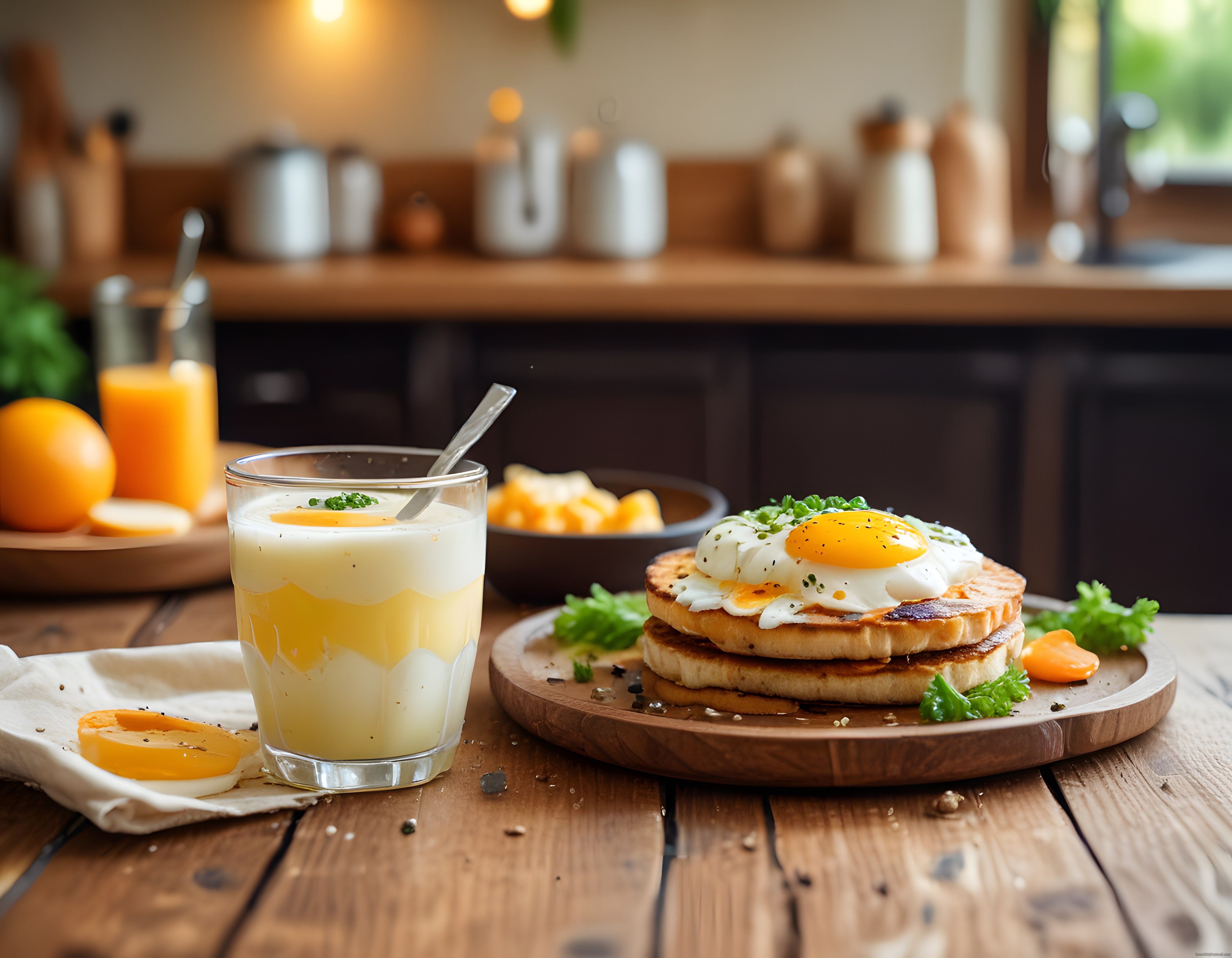 göz yumurtalı tost ve taze meyvelerle hazırlanmış sıcak ev kahvaltısı