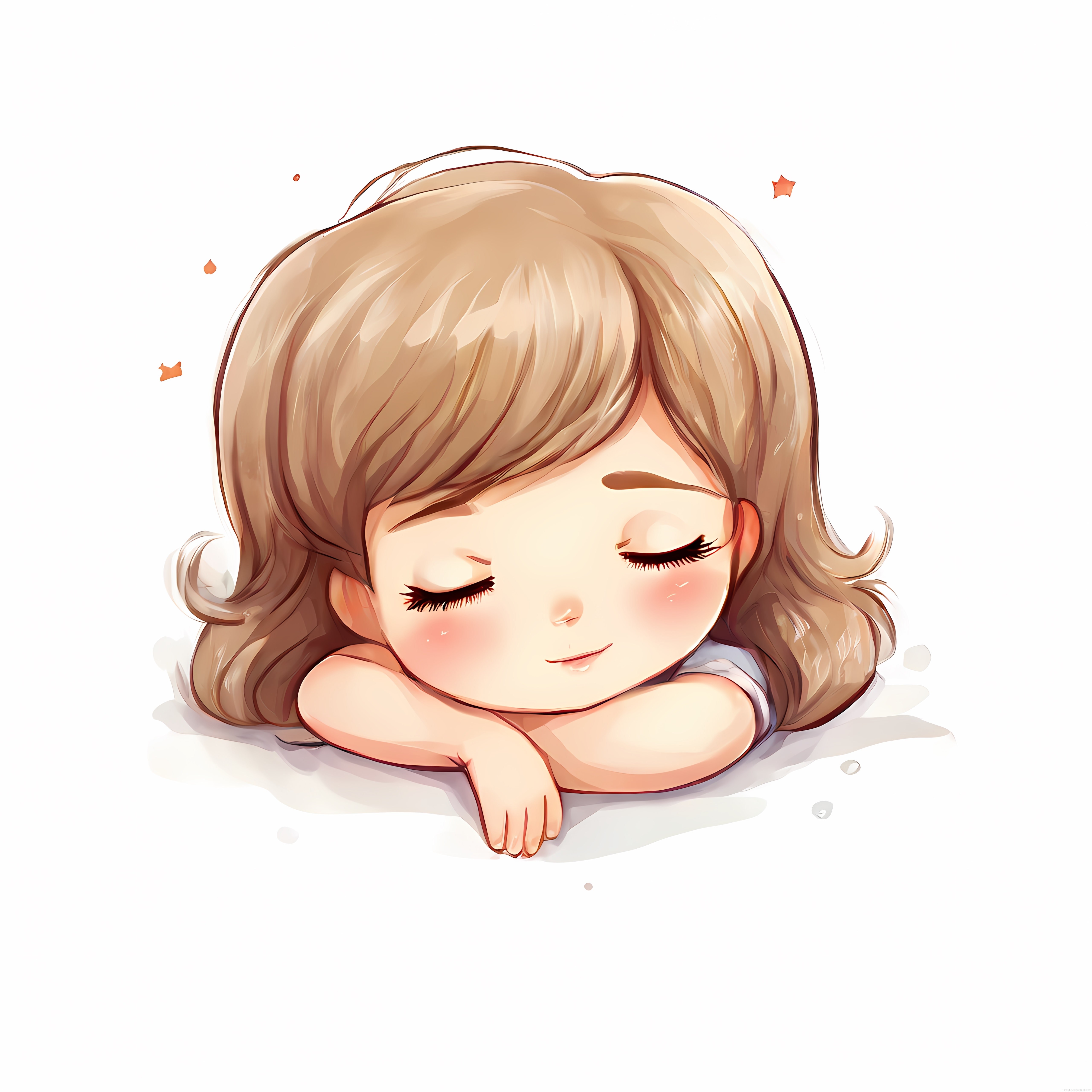 Gözleri kapalı masum anime kızı kollarında uyurken sevimli chibi dijital illüstrasyon
