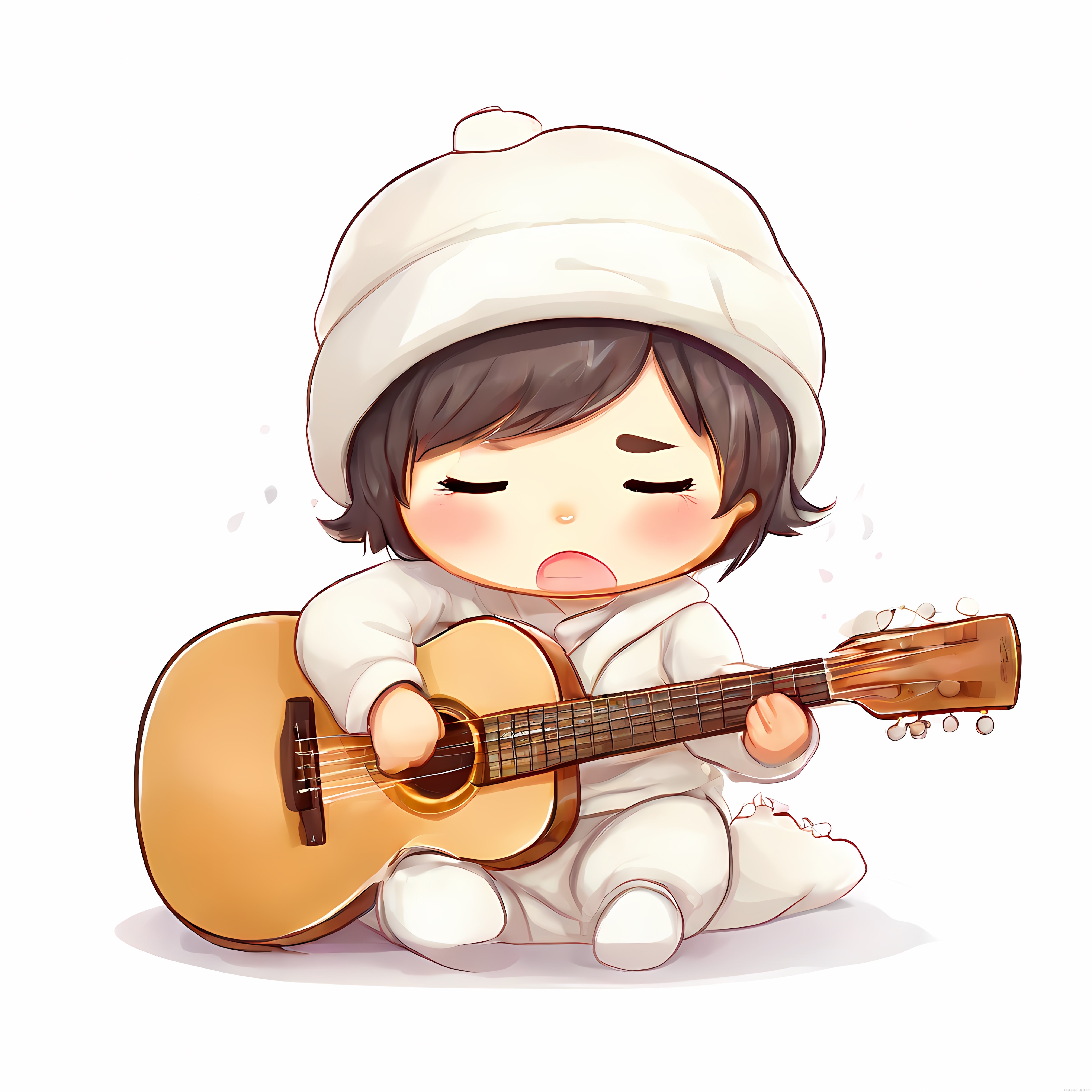 Gözleri Kapalı Sevimli Chibi Karakter Beyaz Kıyafetiyle Gitar Çalıyor