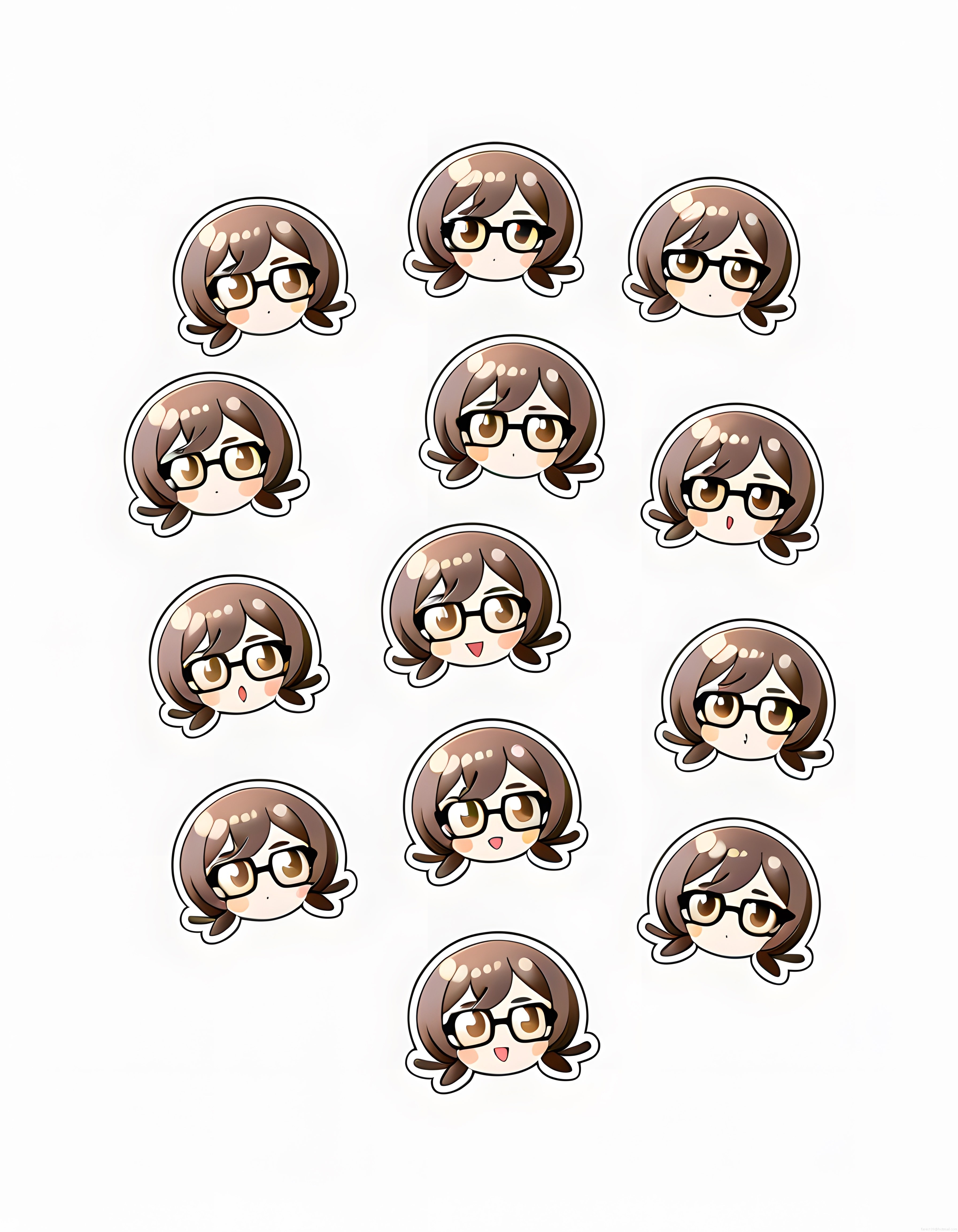 Gözlüklü Chibi Anime Karakter Çıkartma Seti: Duygu Dolu İfade ve Pozlar