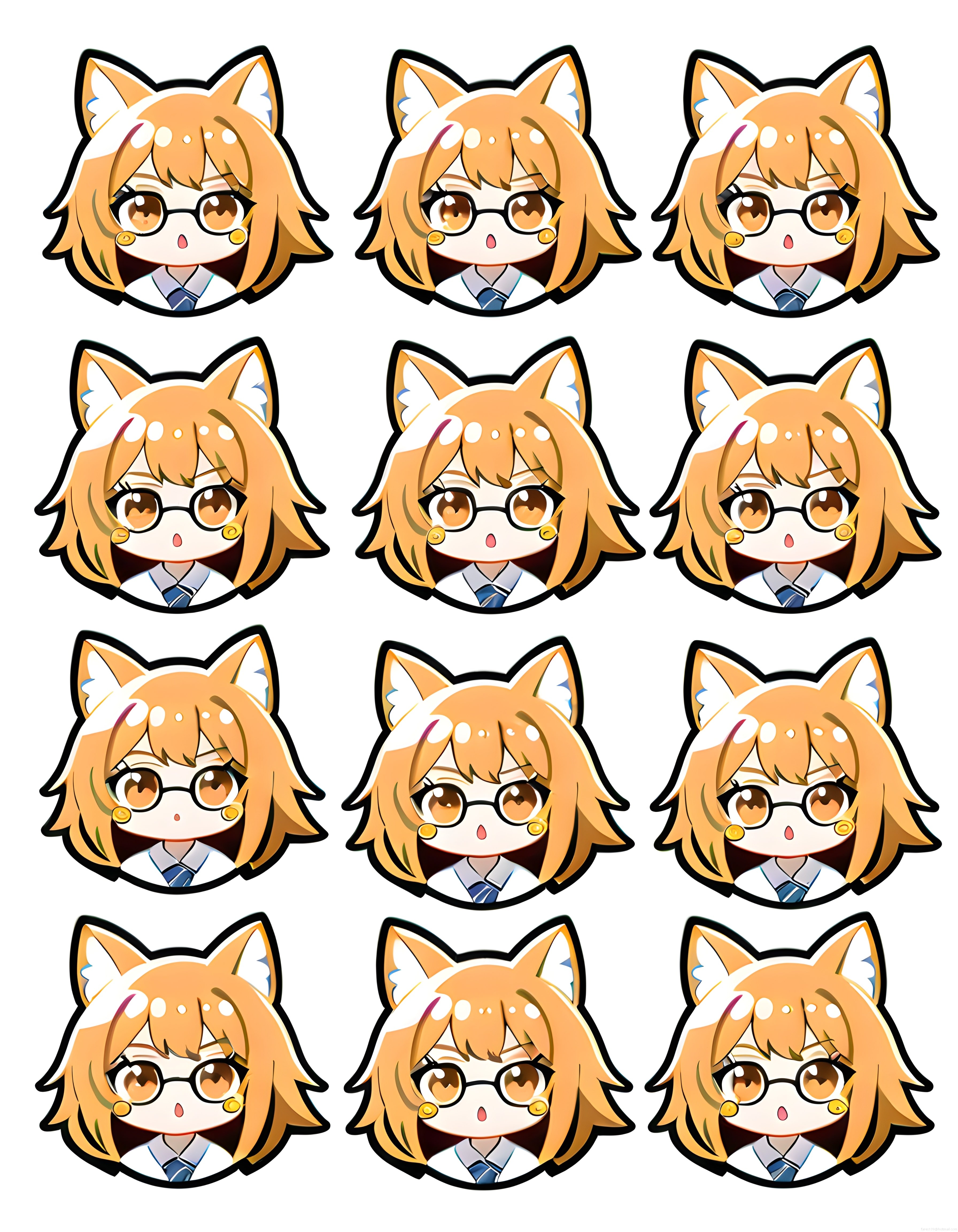 Gözlüklü Chibi Anime Kızı On İki Farklı Yüz İfadesi ile Sticker ve Emote Seti