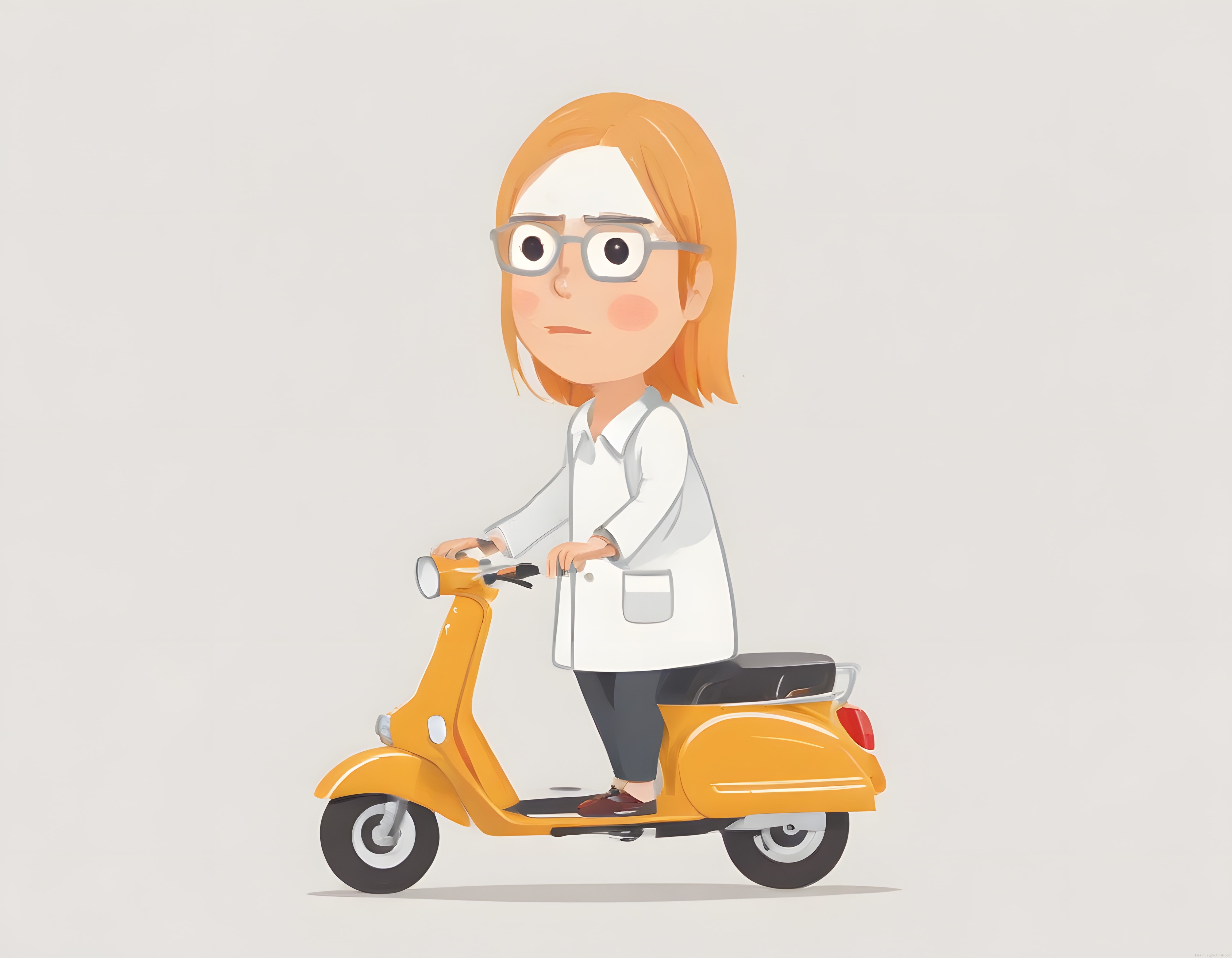 Gözlüklü genç kadın sarı scooterıyla yolculukta animasyon karakteri