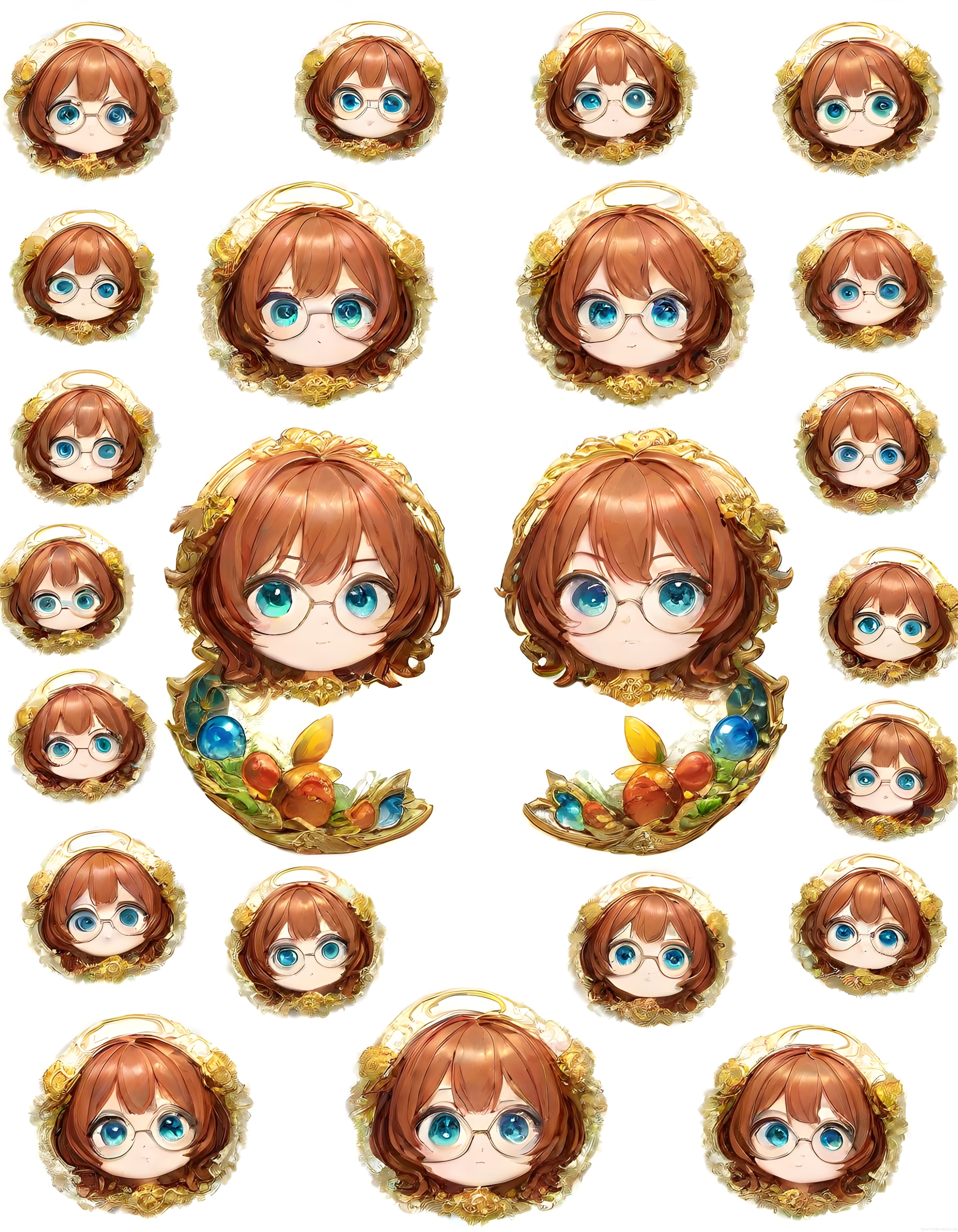 Gözlüklü Mavi Gözlü Chibi Anime Karakterinin Vintage Tarzda Çeşitli Boyutlarda Sunumu