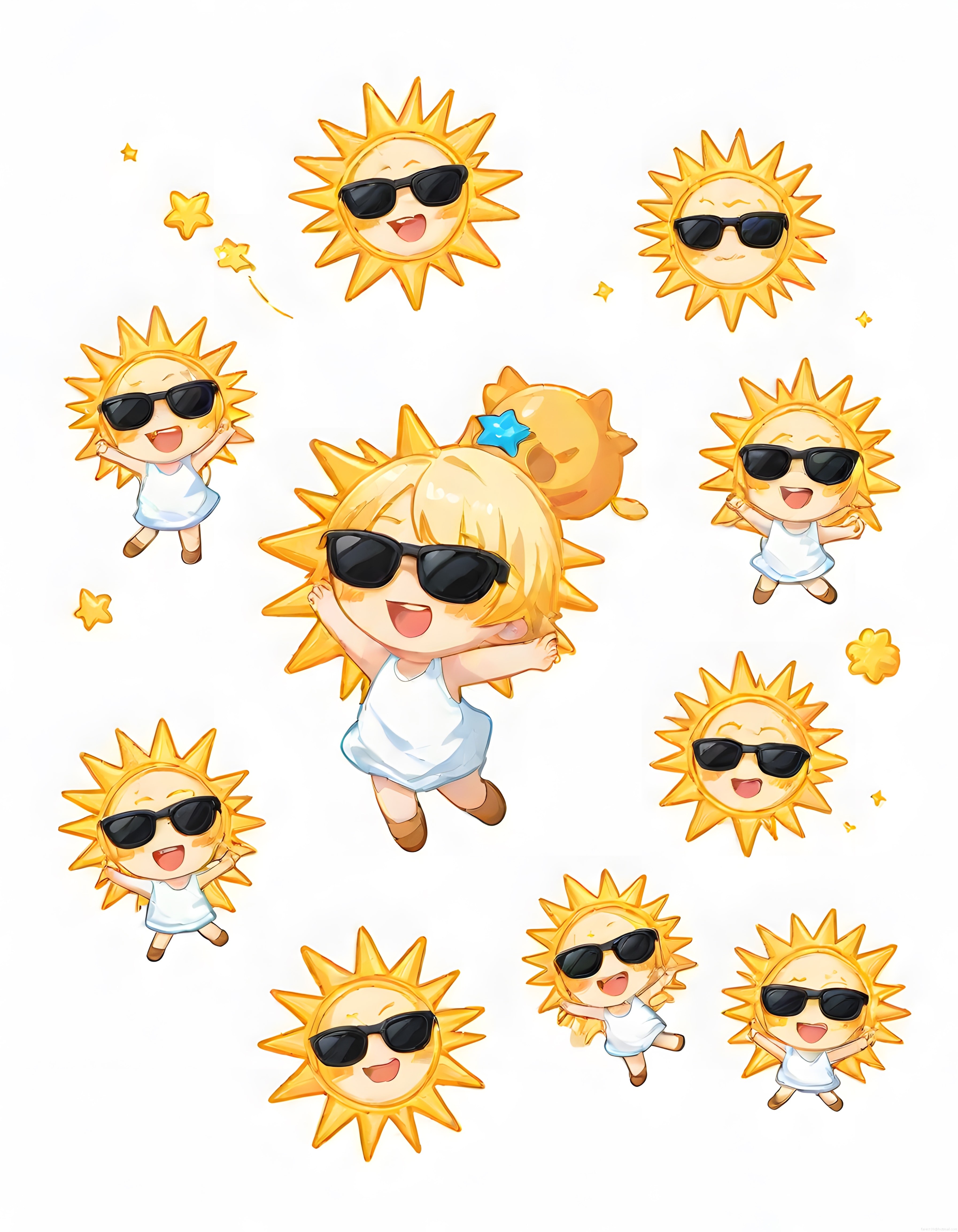 Gözlüklü Neşeli Güneş Karakterleri ve Sevimli Yaz Temalı Sticker Çizimleri