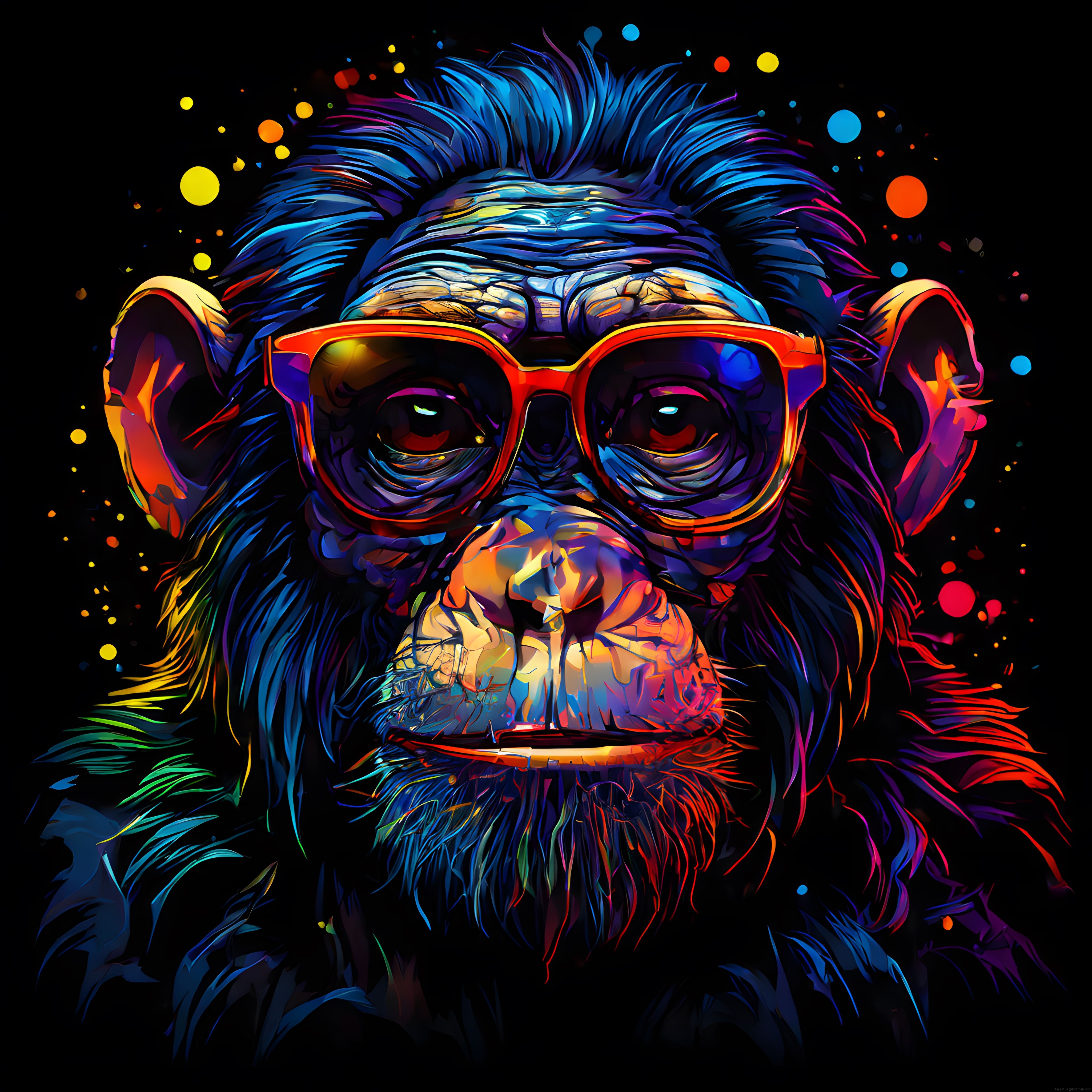 Gözlüklü şempanzenin neon renkli dijital sanat portresi ve renkli sıçramaları