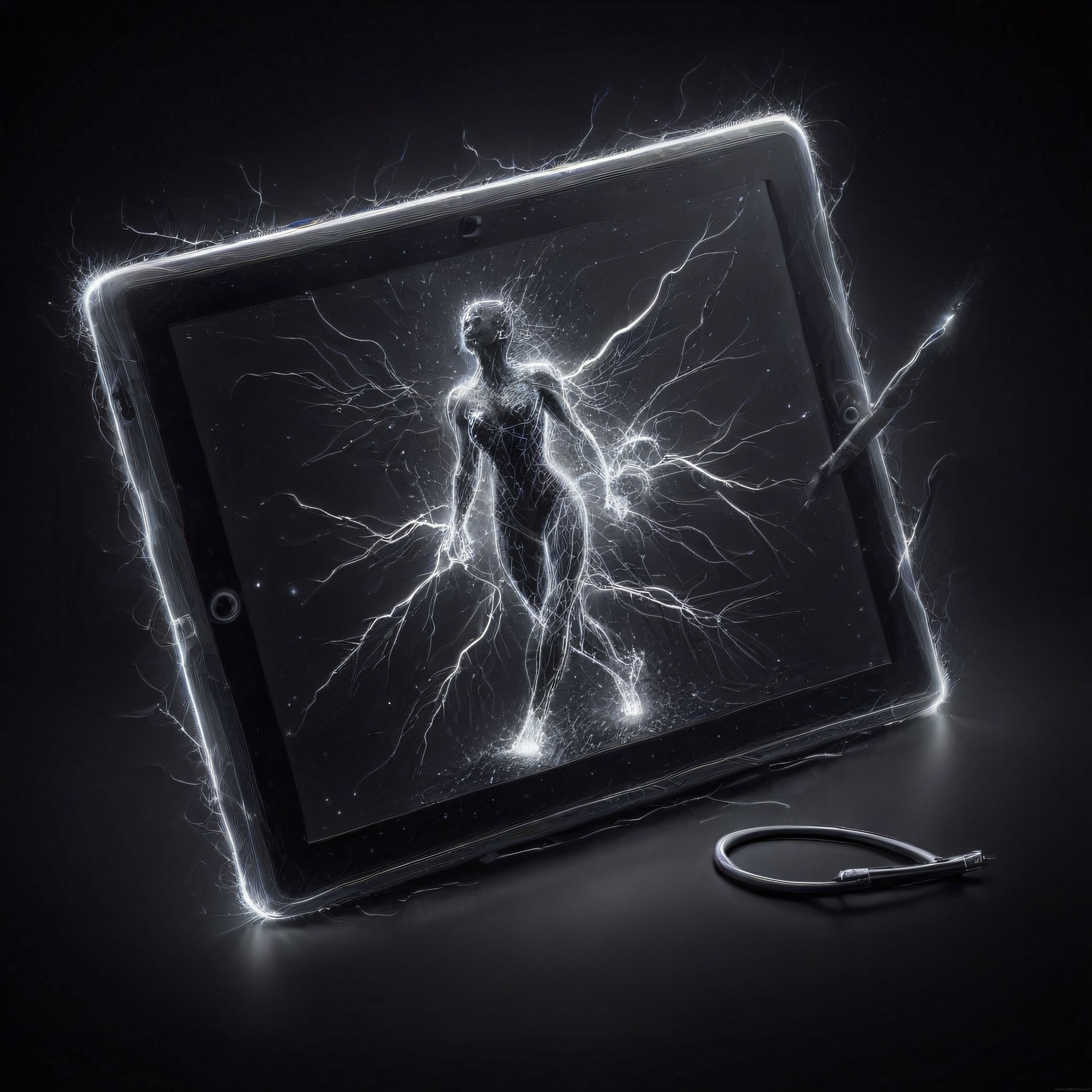 Grafik Tablet Ekranından Doğan Elektrikli İnsan Figürü Dijital Sanat Çalışması