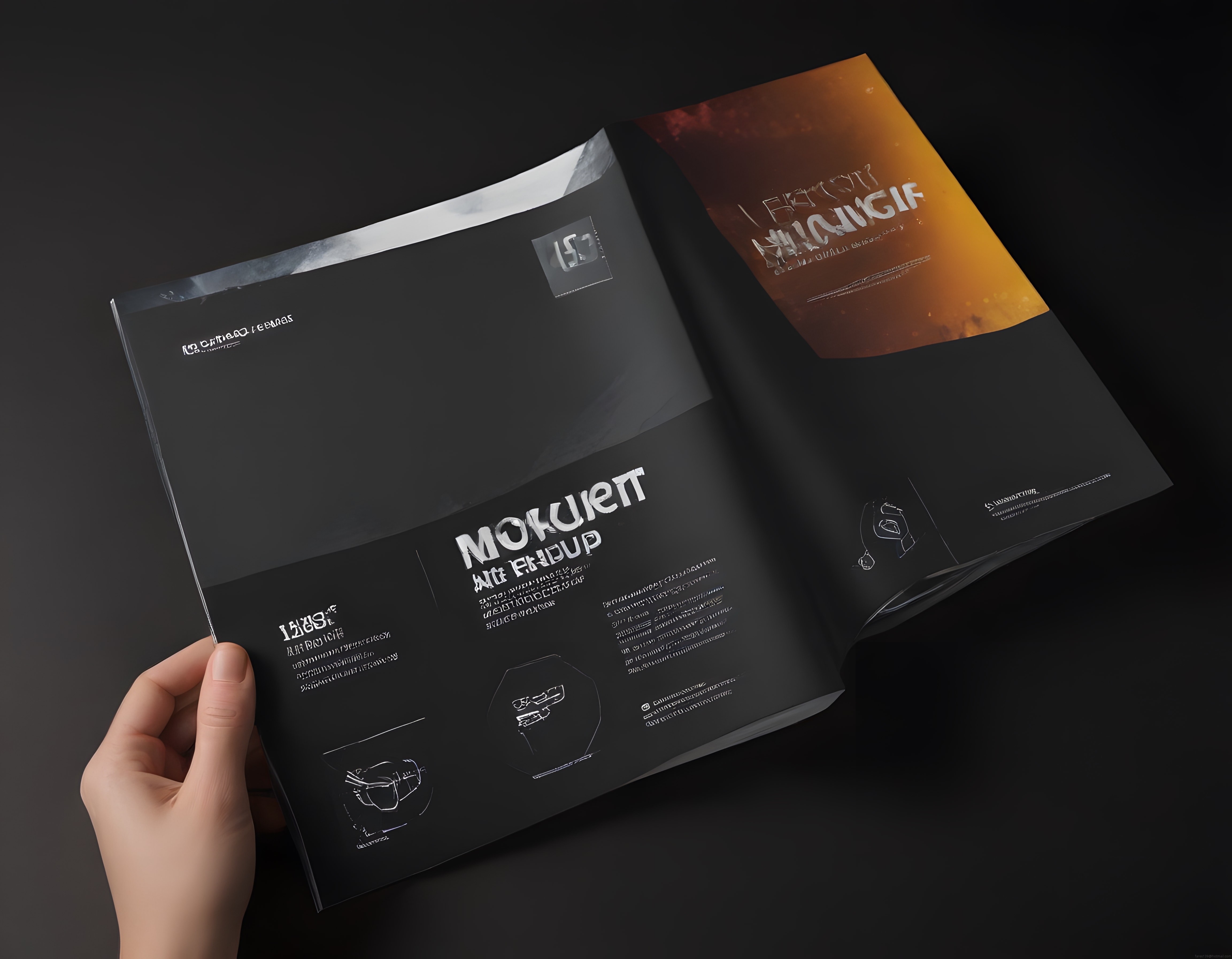 Grafik tasarımcılar için koyu temalı profesyonel broşür mockup sunumu