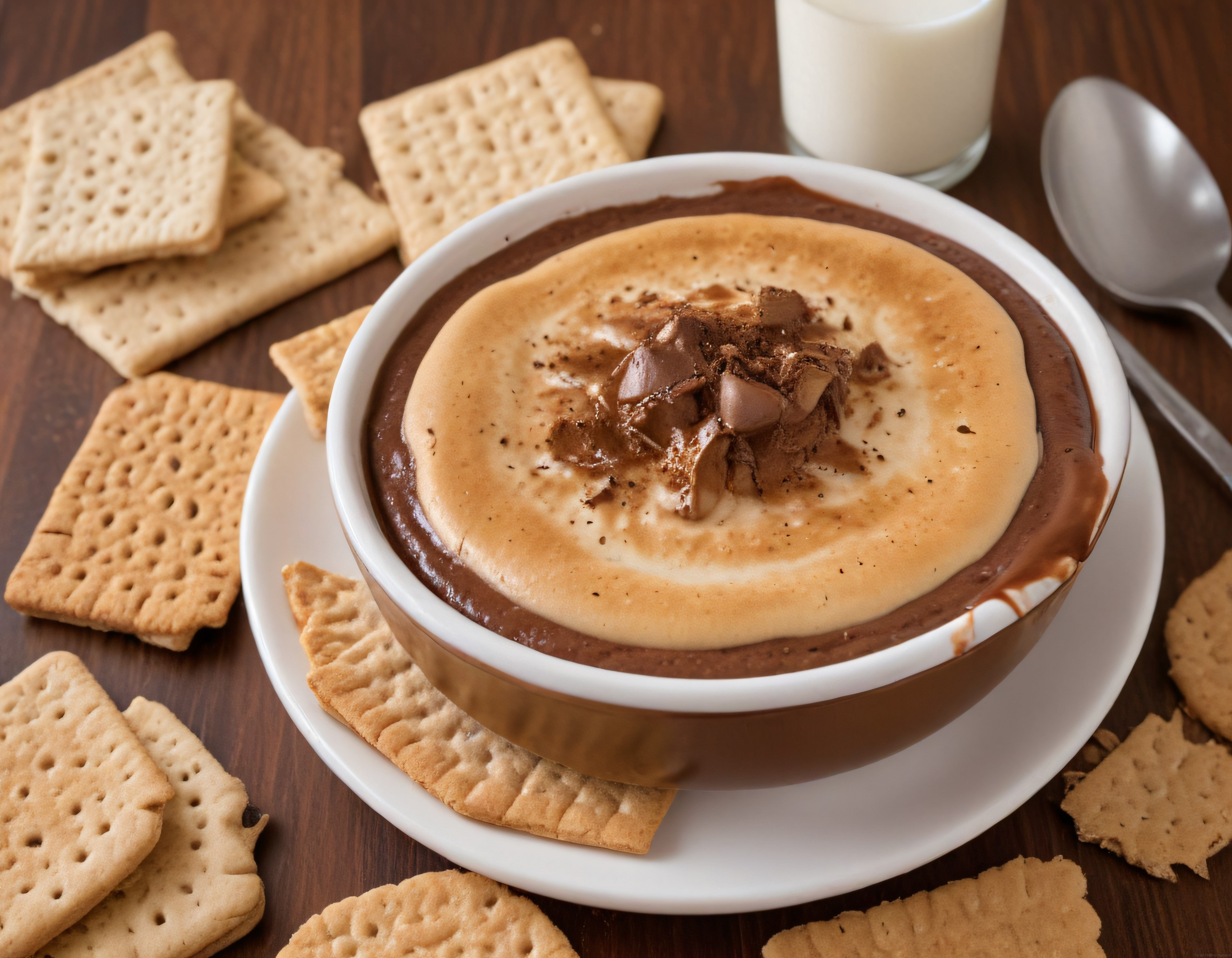 Graham bisküvileriyle servis edilmiş kızarmış marshmallowlu s'more dibi