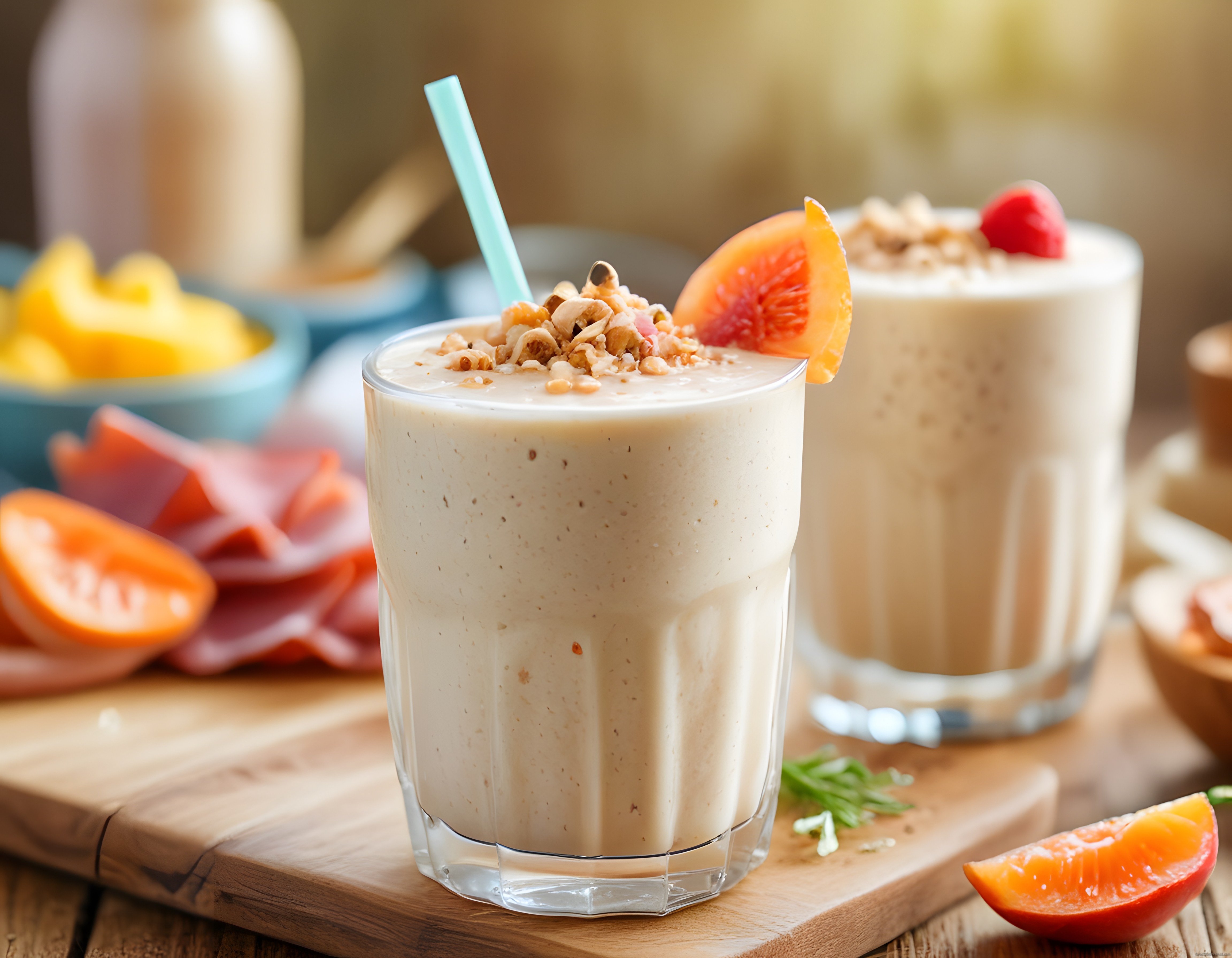 Granola ve Taze Kan Portakalı ile Süslenmiş Kremalı Smoothie Bardağı