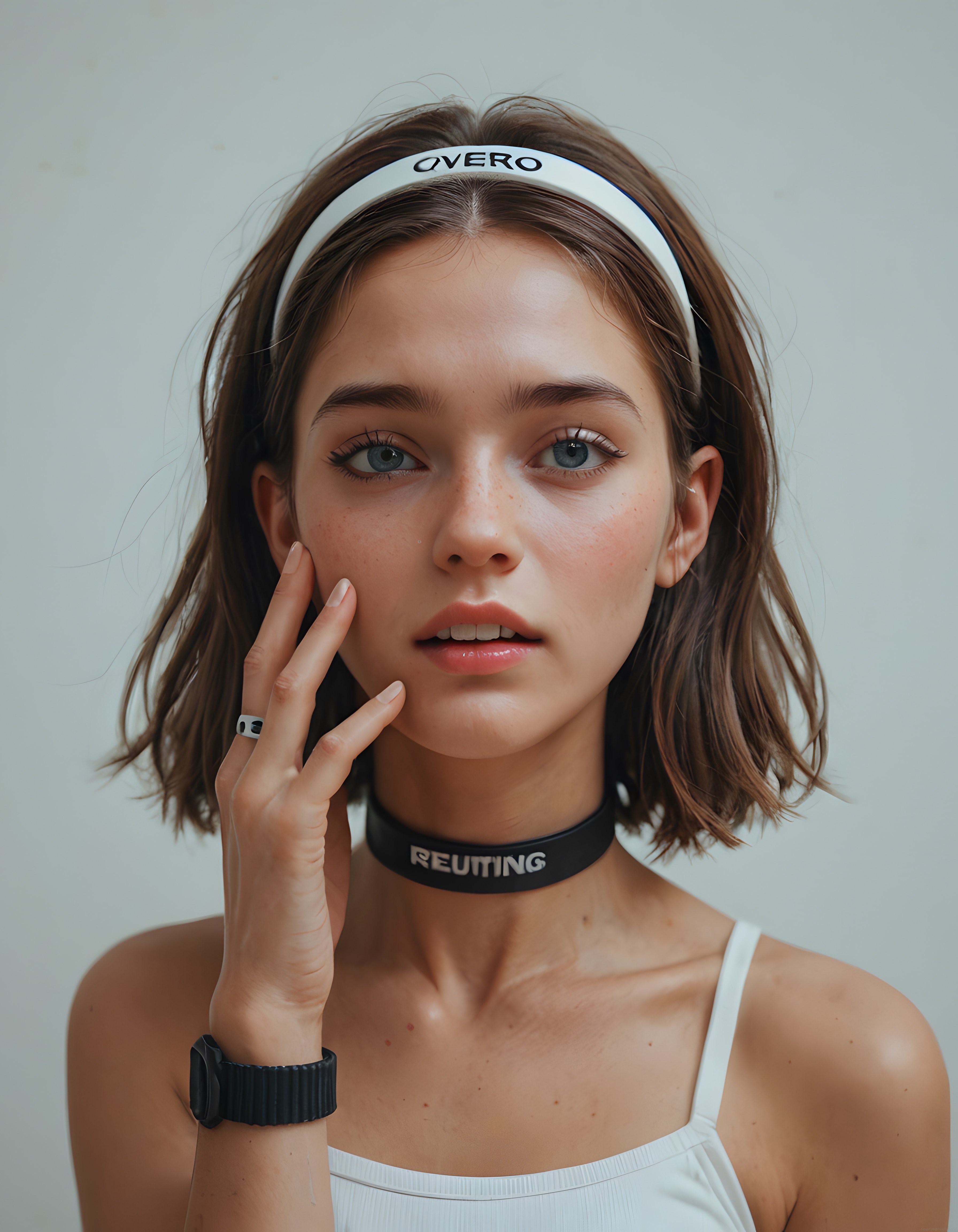 Gri Arka Planda Beyaz Taç ve Siyah Choker ile Modern Kadın Stüdyo Portresi