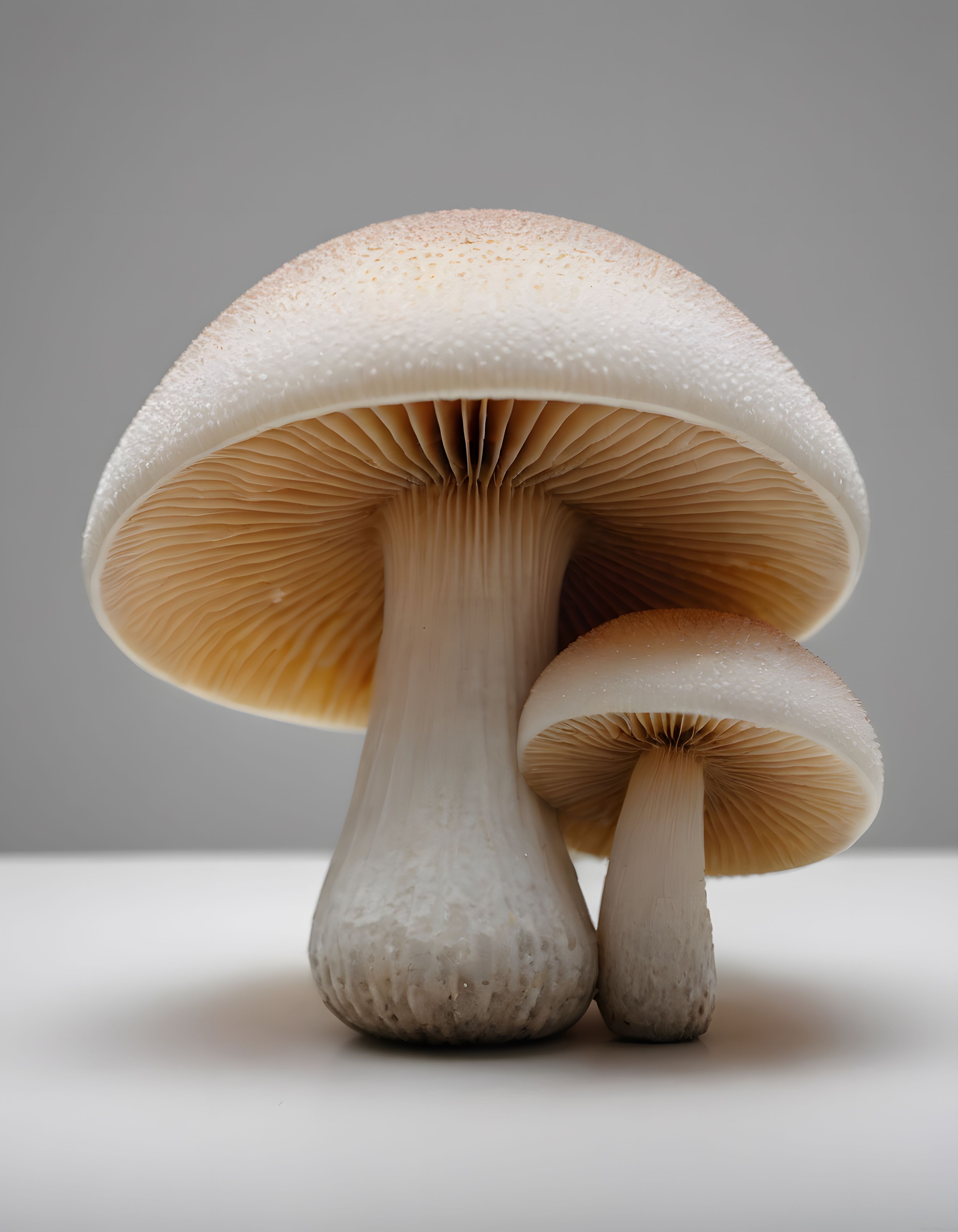 Gri Arka Planda Lamelli Yapısıyla Dikkat Çeken İki Beyaz Mantarın Makro Fotoğrafı
