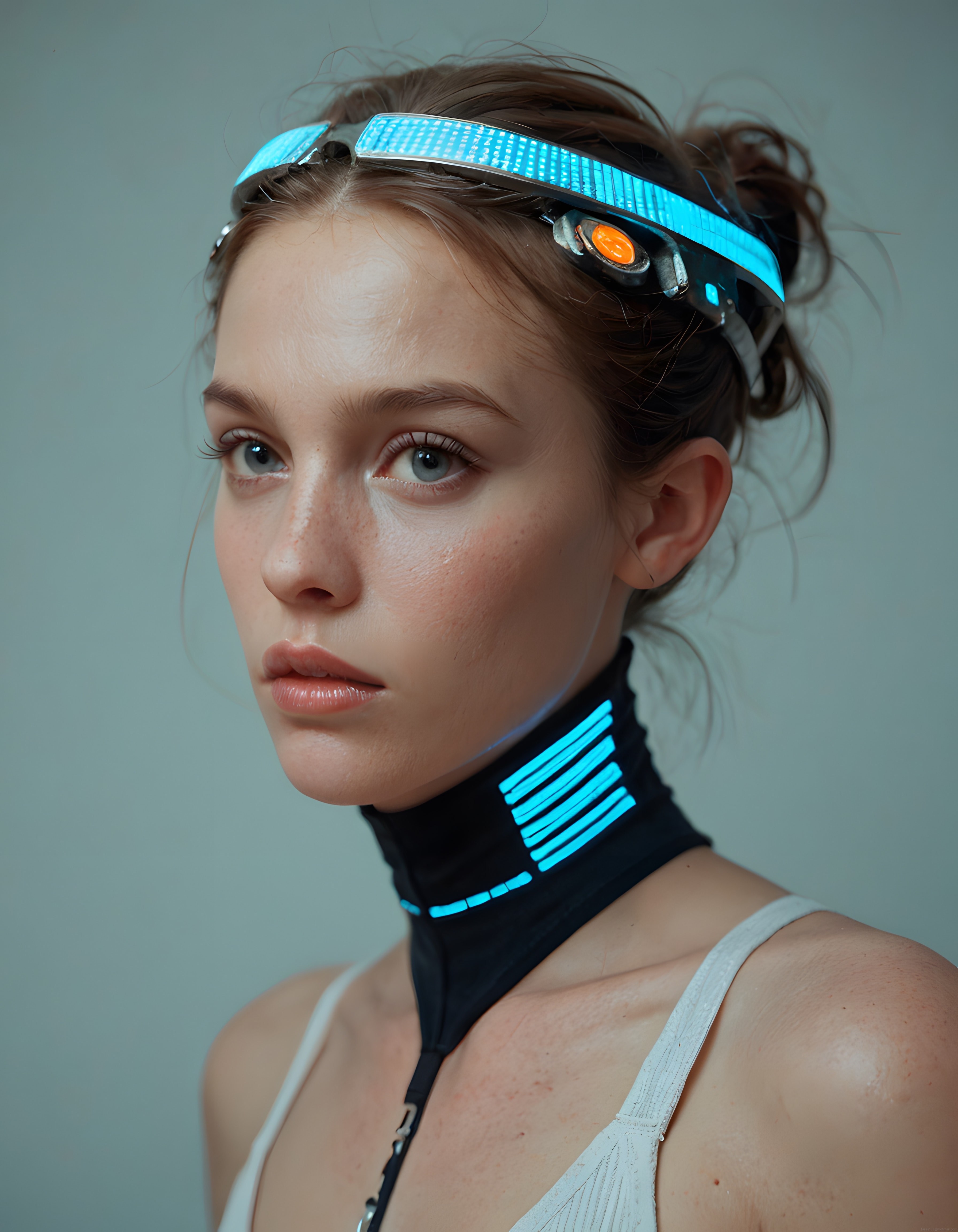 Gri arka planda mavi LED başlıklı fütüristik cyberpunk kadın portresi