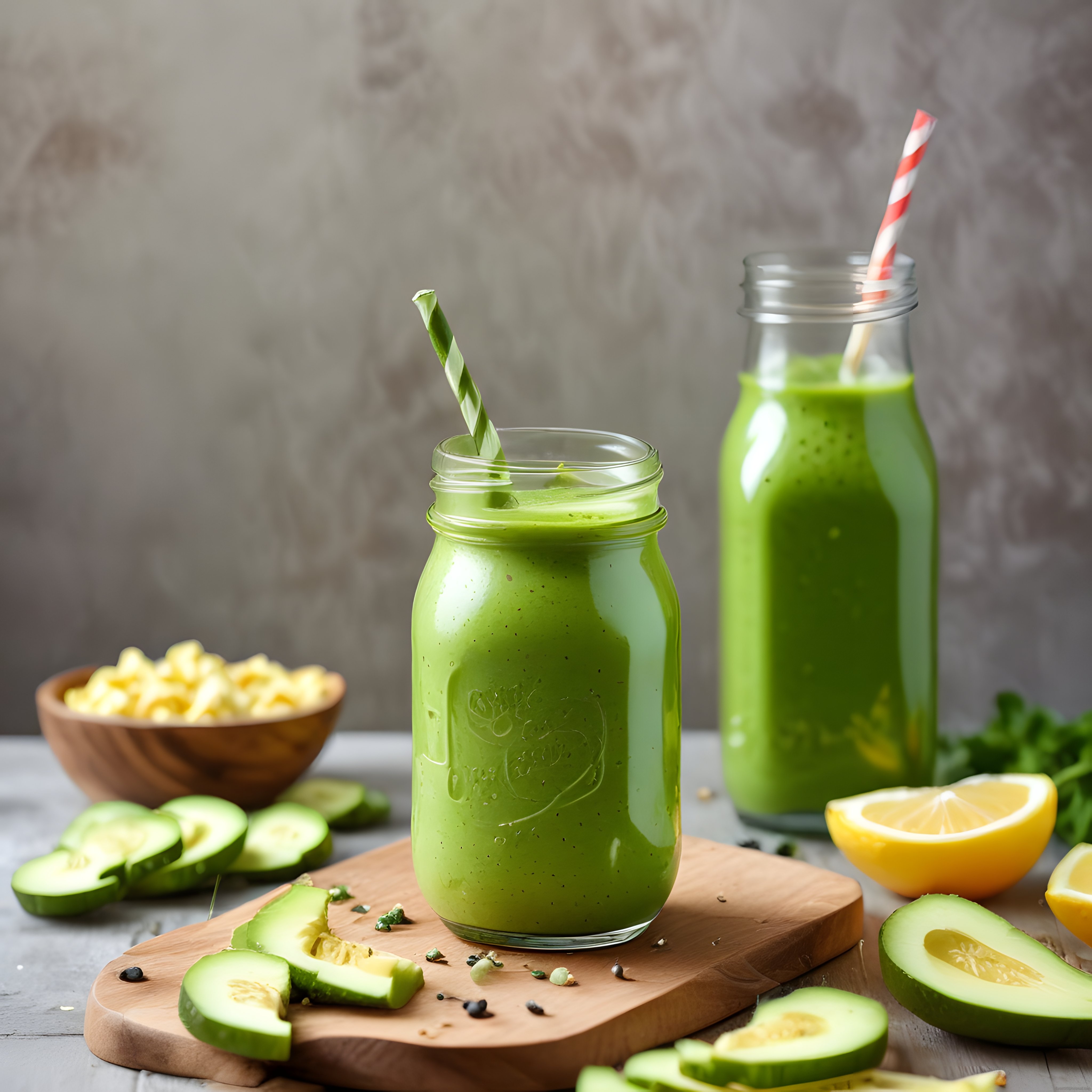 Gri Beton Arka Planda Ahşap Sunumlu Yeşil Smoothie ve Taze Malzemeler