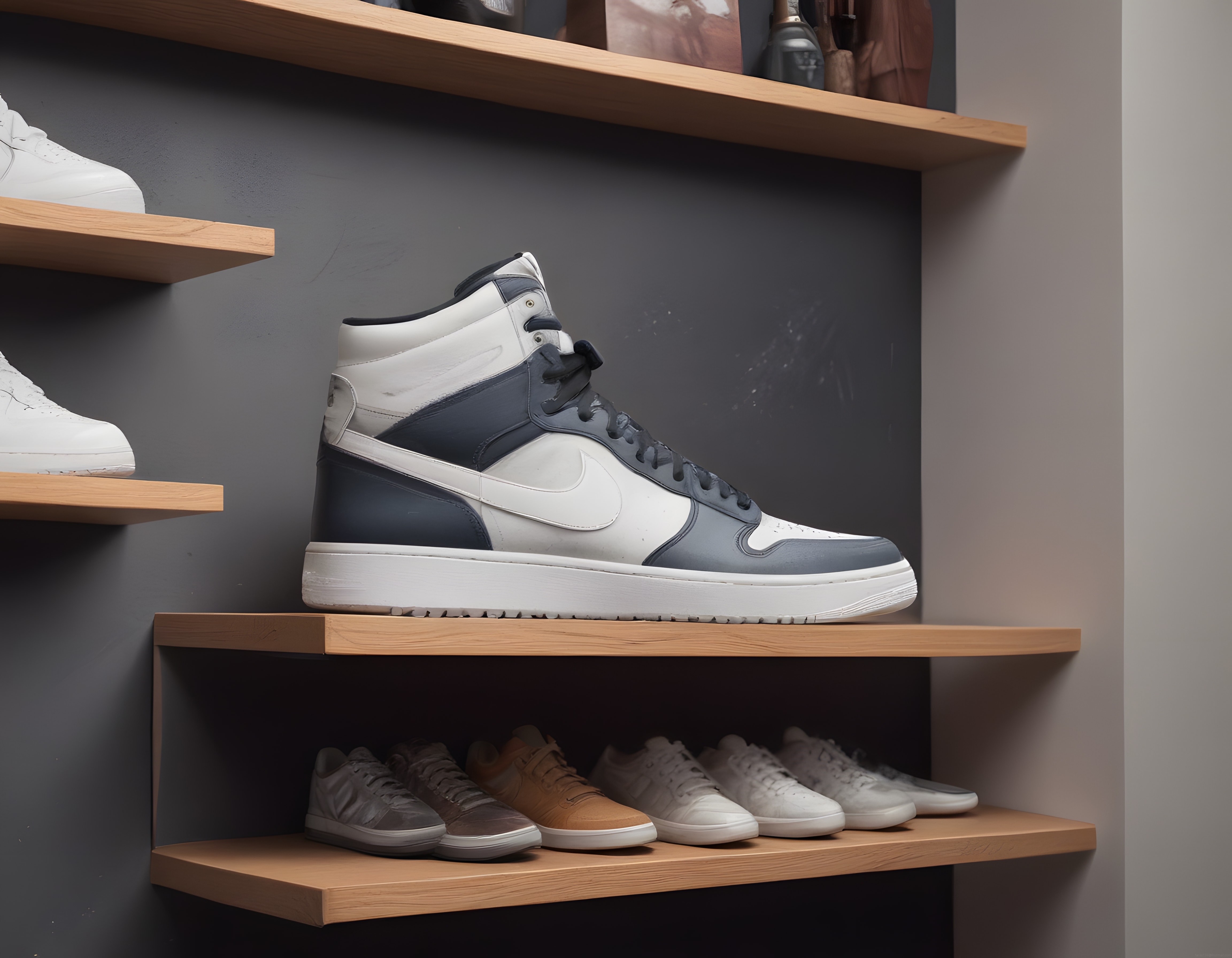 Gri Beyaz High Top Sneaker Tutkunları İçin Şık Ayakkabı Rafı ve Koleksiyon
