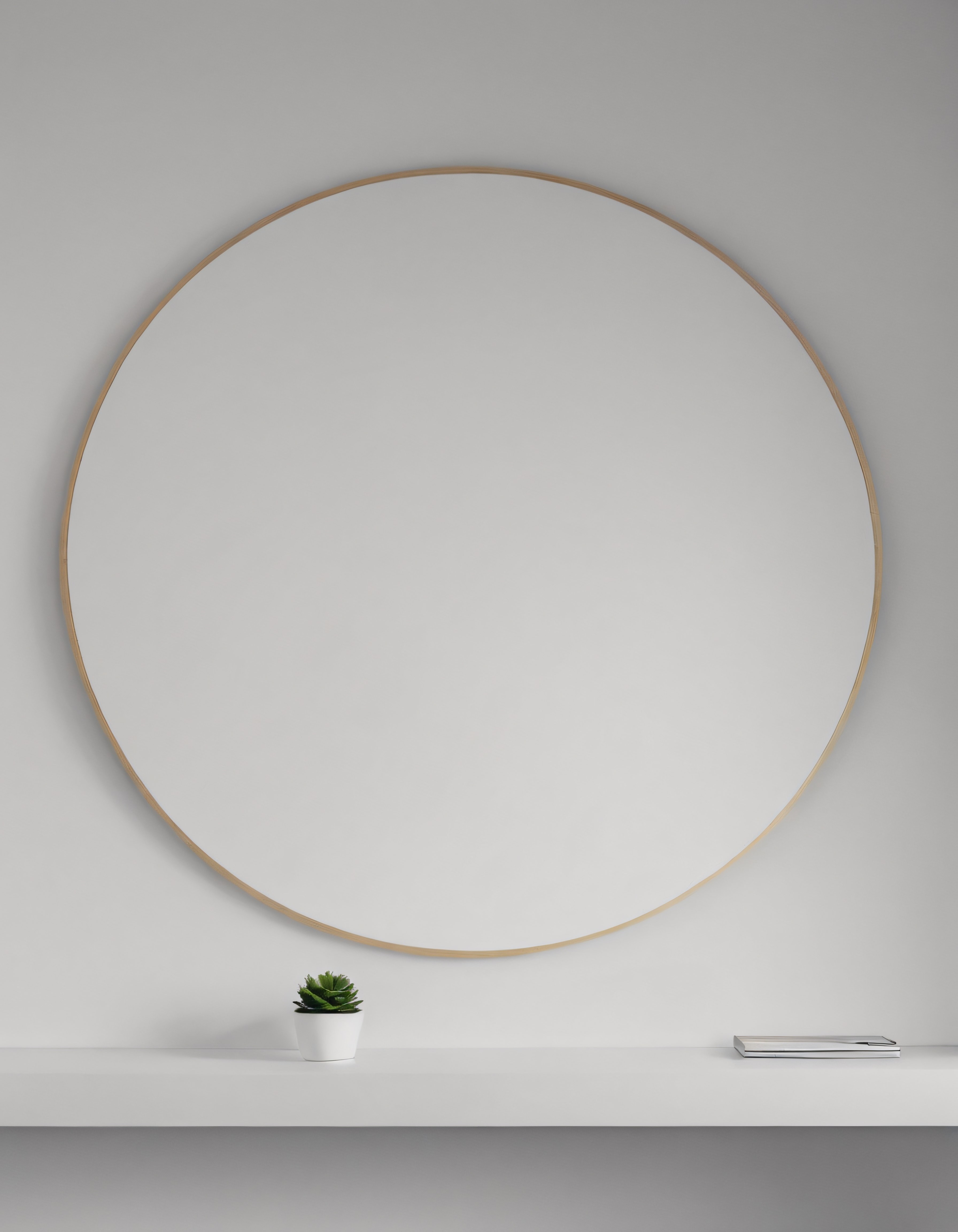 Gri Duvarlı Minimal Salonda Yuvarlak Ayna ve Beyaz Konsol Dekoru