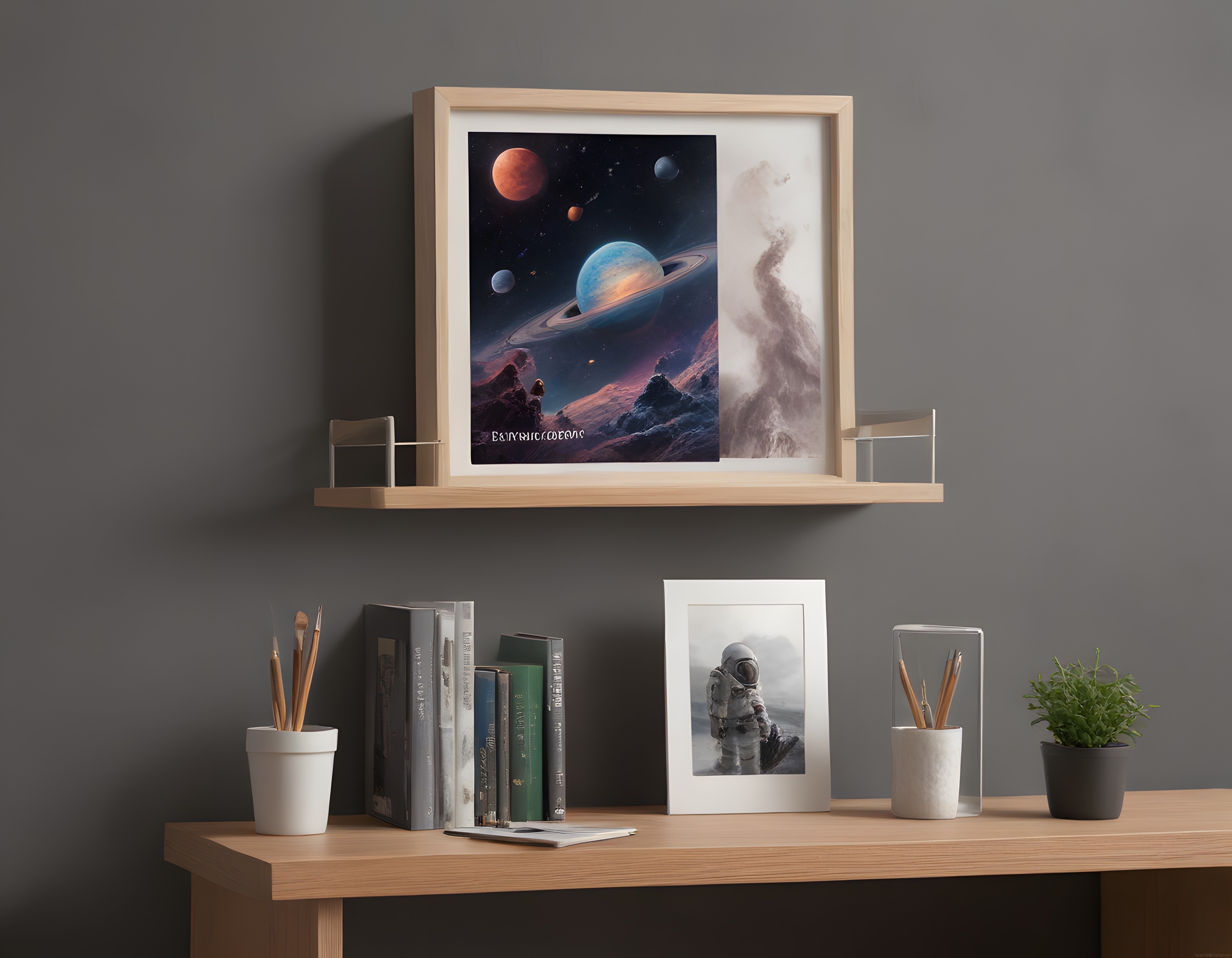 Gri Duvarlı Minimalist Ofiste Astronot ve Gezegen Posterleri
