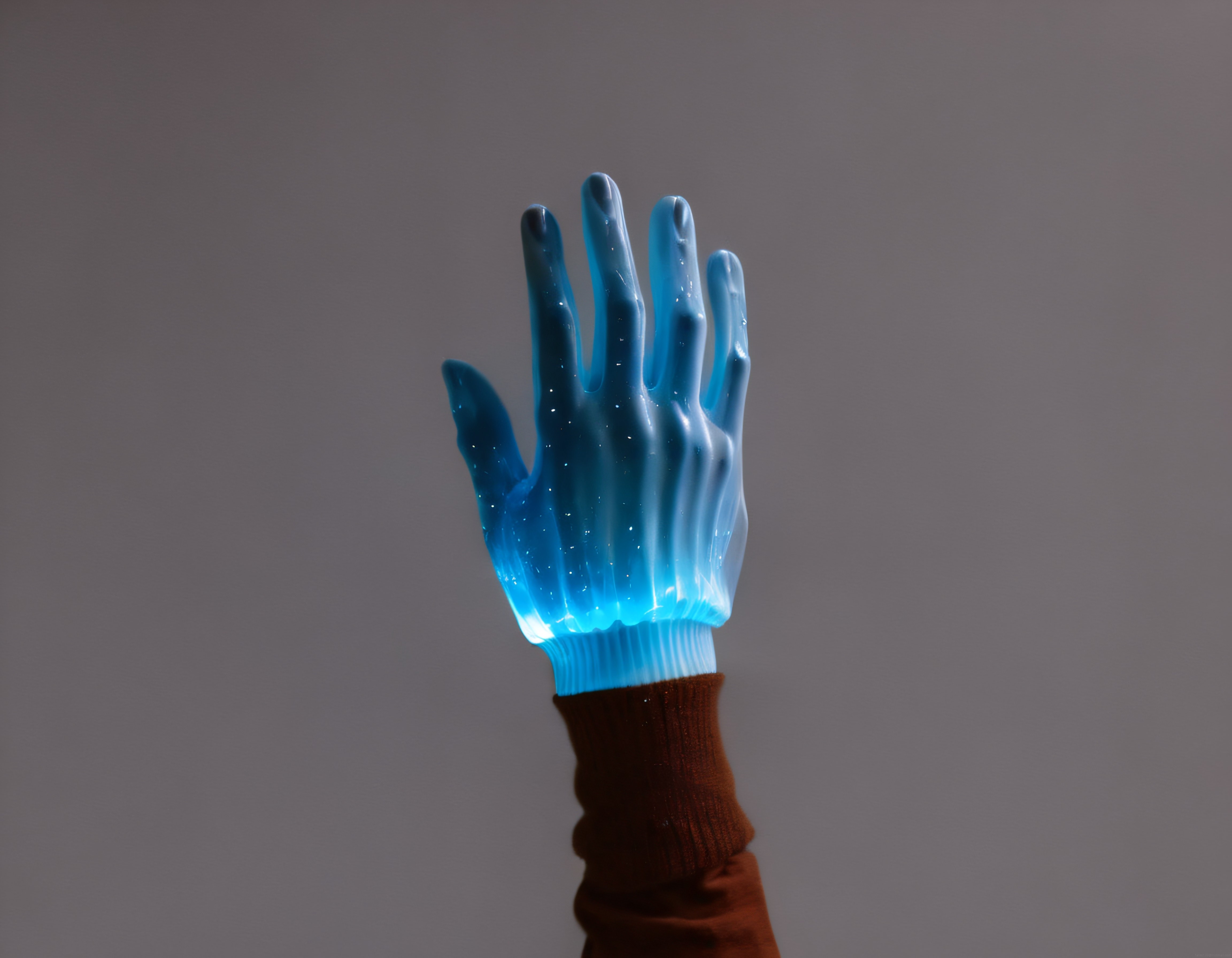 Gri fon üzerinde parlayan mavi hologram el ve fütüristik dijital sanat çalışması
