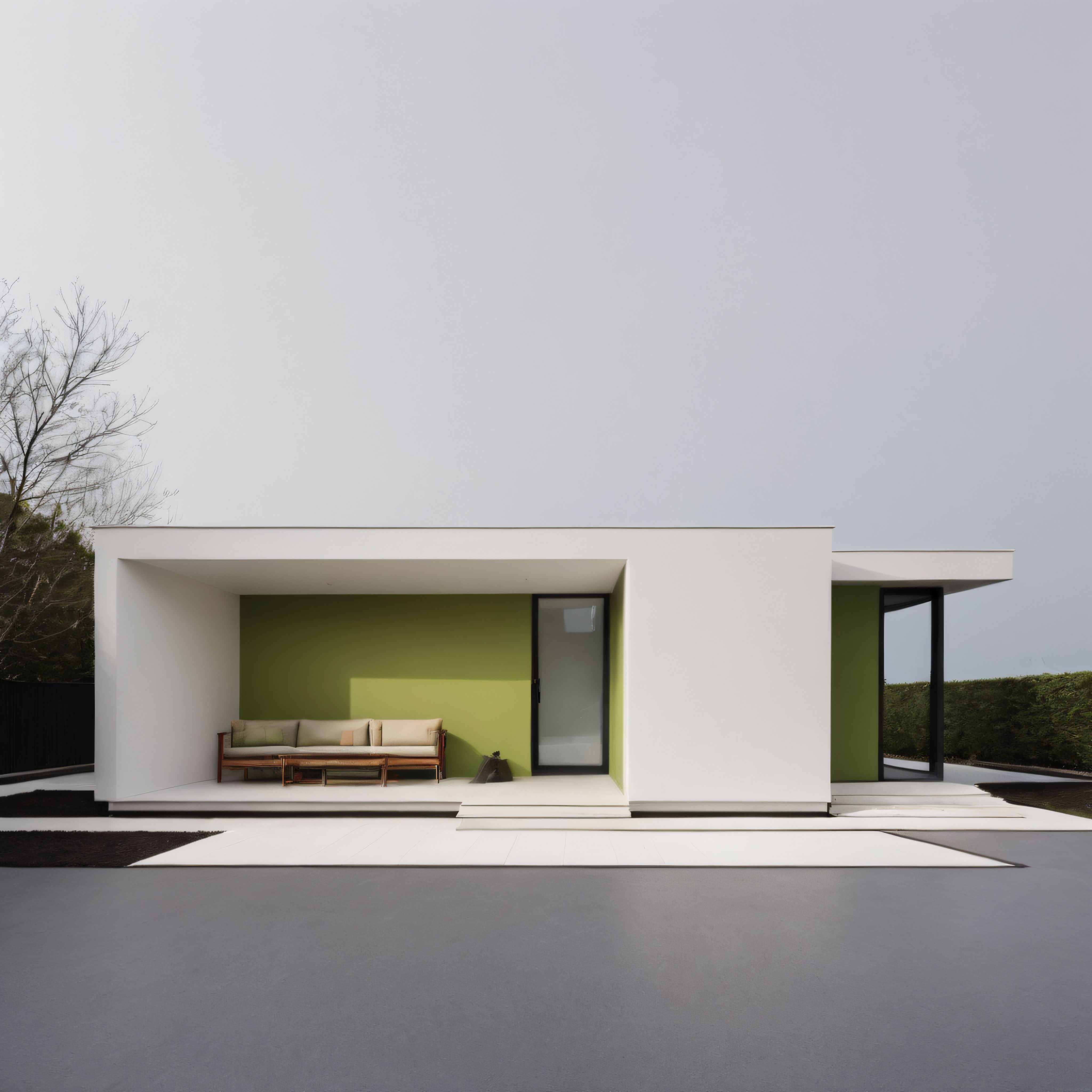 Gri Gökler Altında Beyaz Minimalist Villa ve Yeşil İç Mekan Ayrıntısı Gri Gökler Altında Beyaz Minimalist Villa ve Yeşil İç Mekan Ayrıntısı