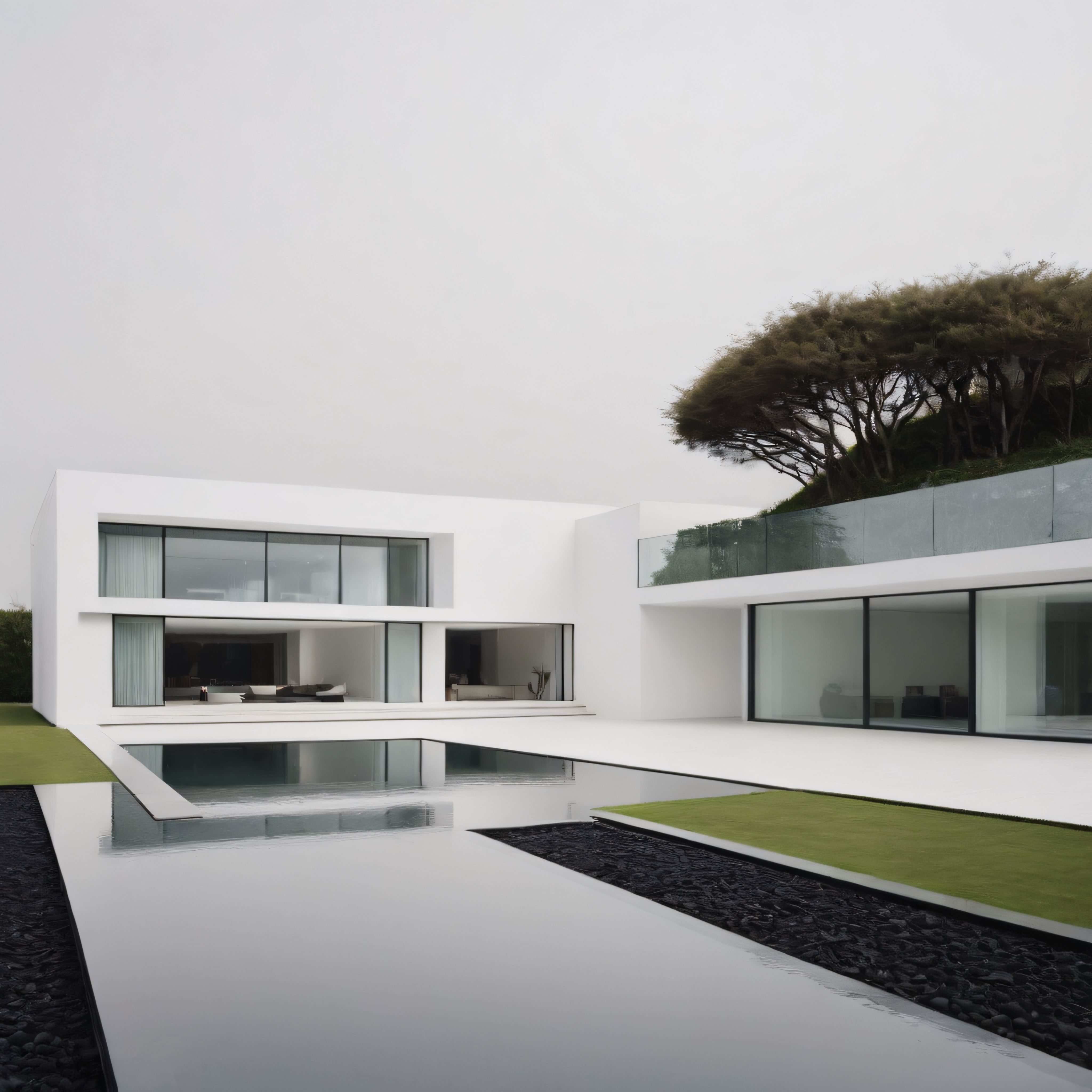 Gri Gökyüzü Altında Huzur Veren Modern Minimalist Beyaz Villa Tasarımı