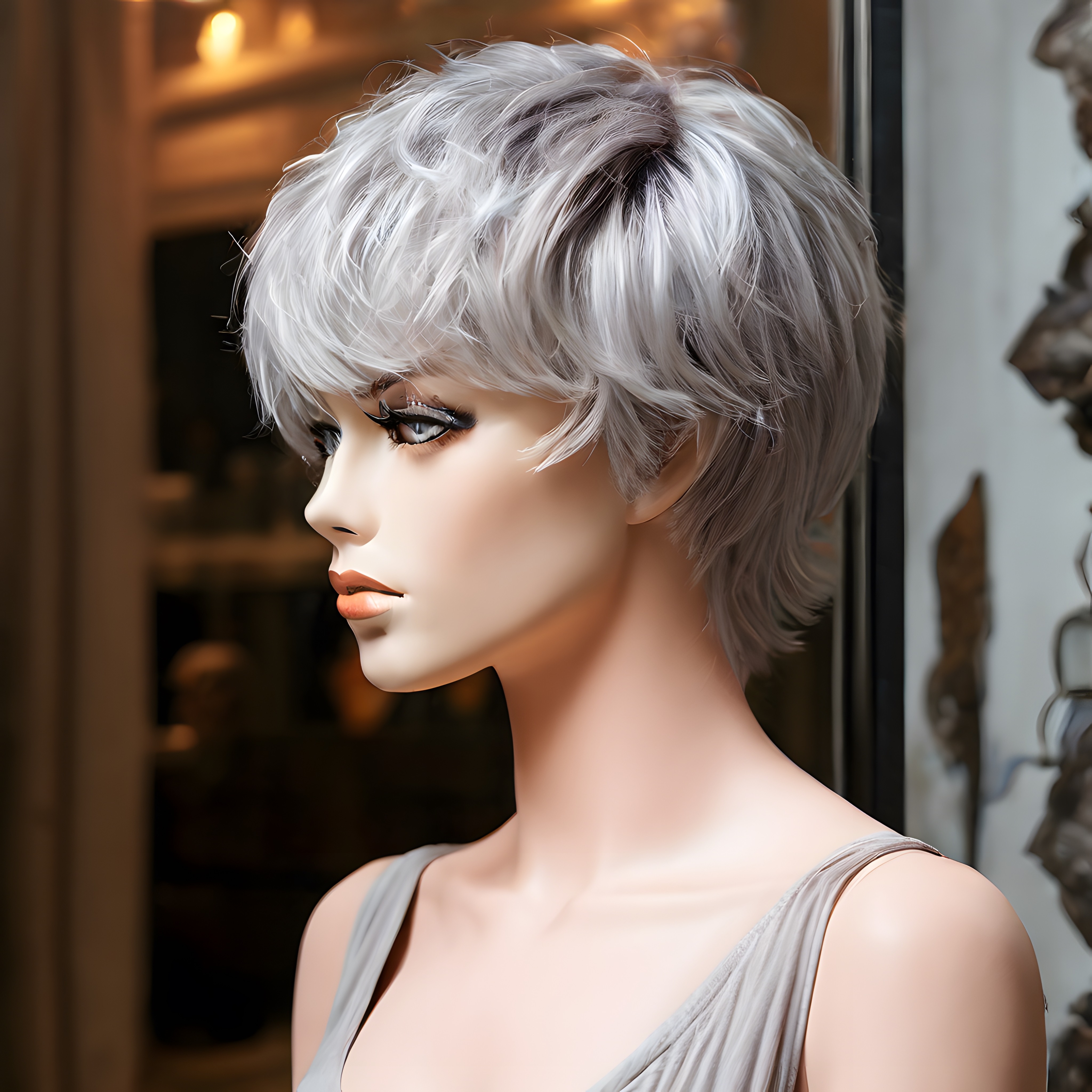 Gri Kısa Saçlı Vitrin Mankeni: Modern Pixie Kesim ve Şık Mağaza Sunumu