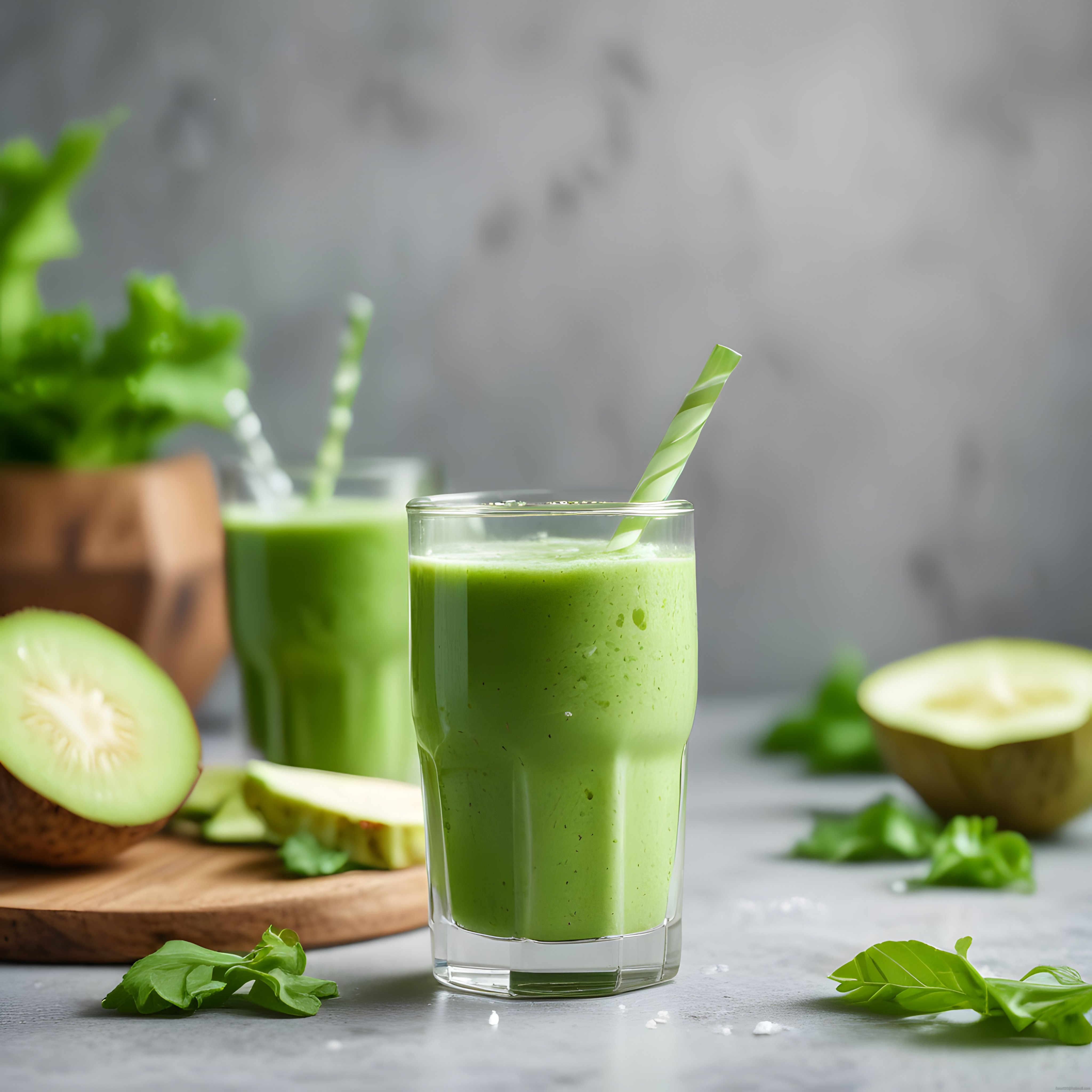 Gri Mermer Üzerinde Cam Bardakta Taze Yeşil Smoothie ve Detoks Sunumu