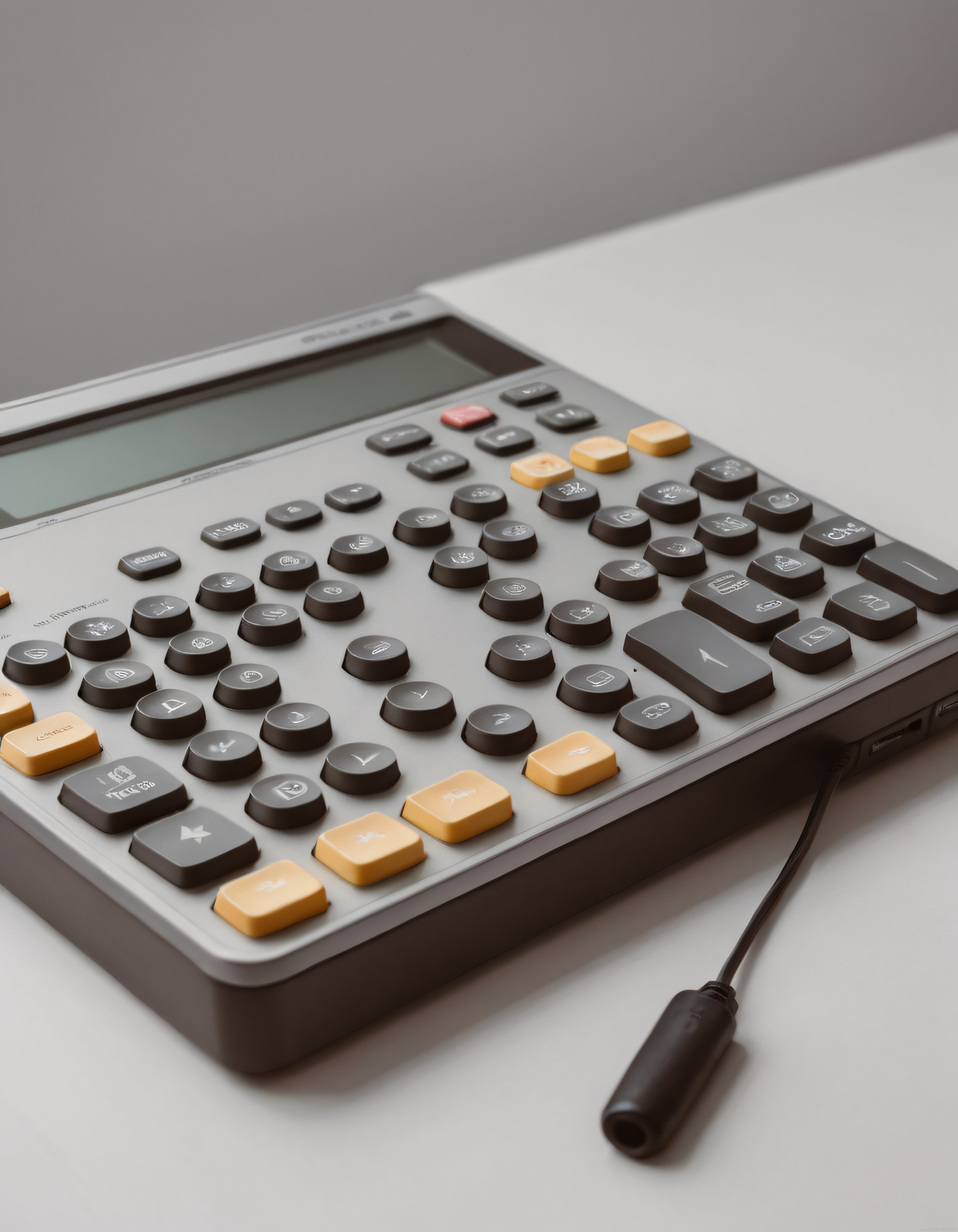 Gri renkli profesyonel finansal hesap makinesi ve teknik tuş düzeni yakın çekim