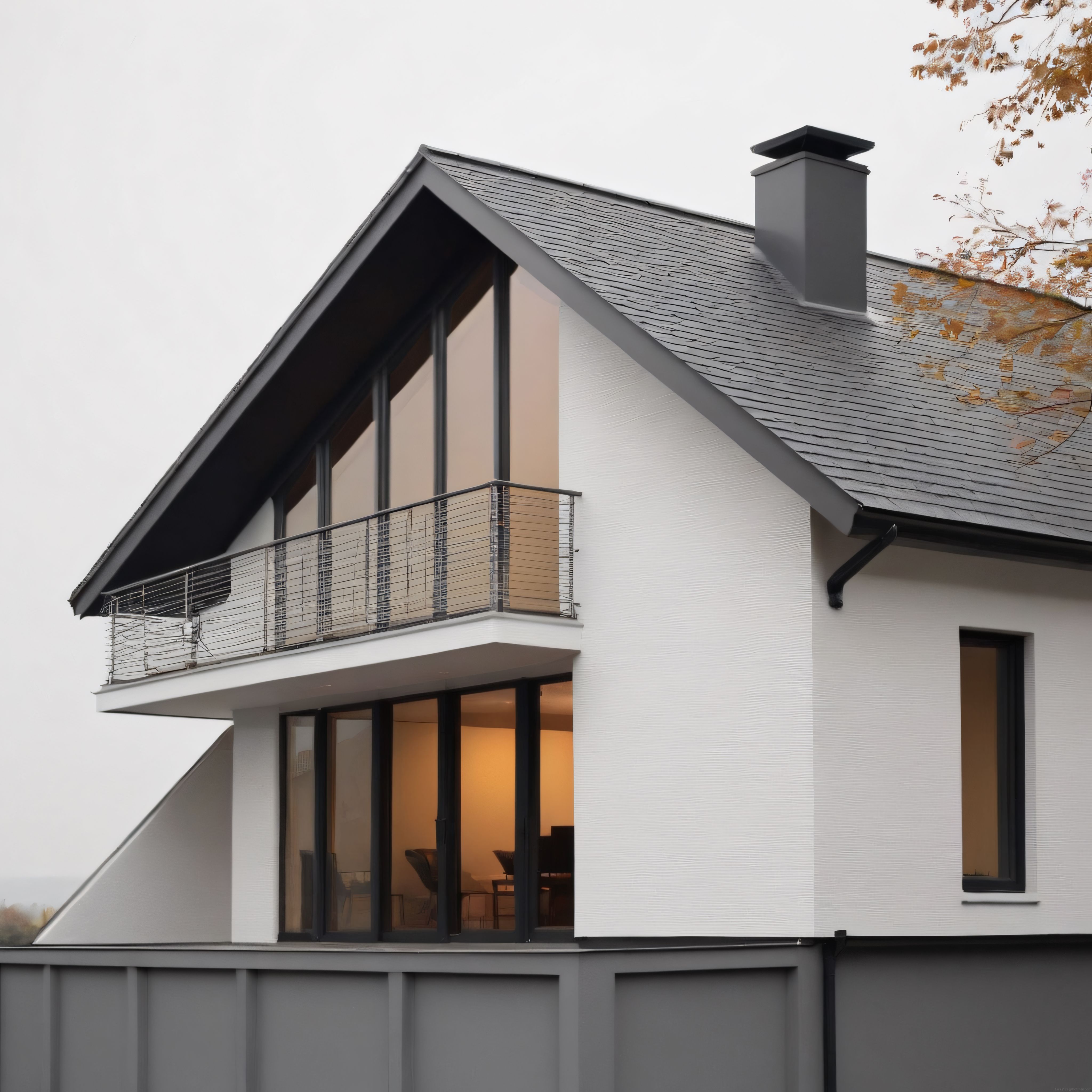 Gri Sonbahar Havasında Siyah Pencereli Modern Villa ve Çatı Katı