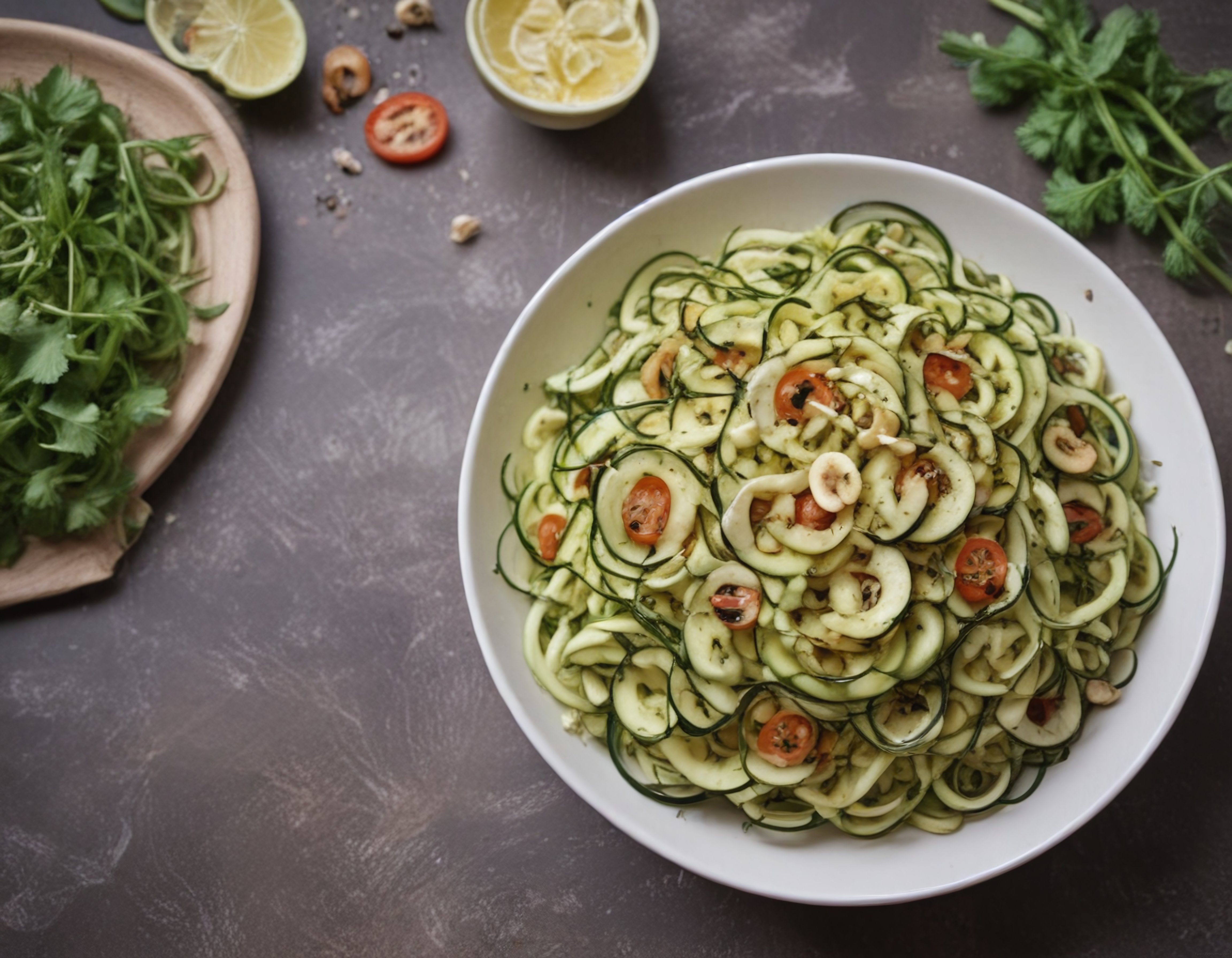 Gri Tezgahta Fındıklı ve Domatesli Taze Kabak Noodle Salatası Sunumu