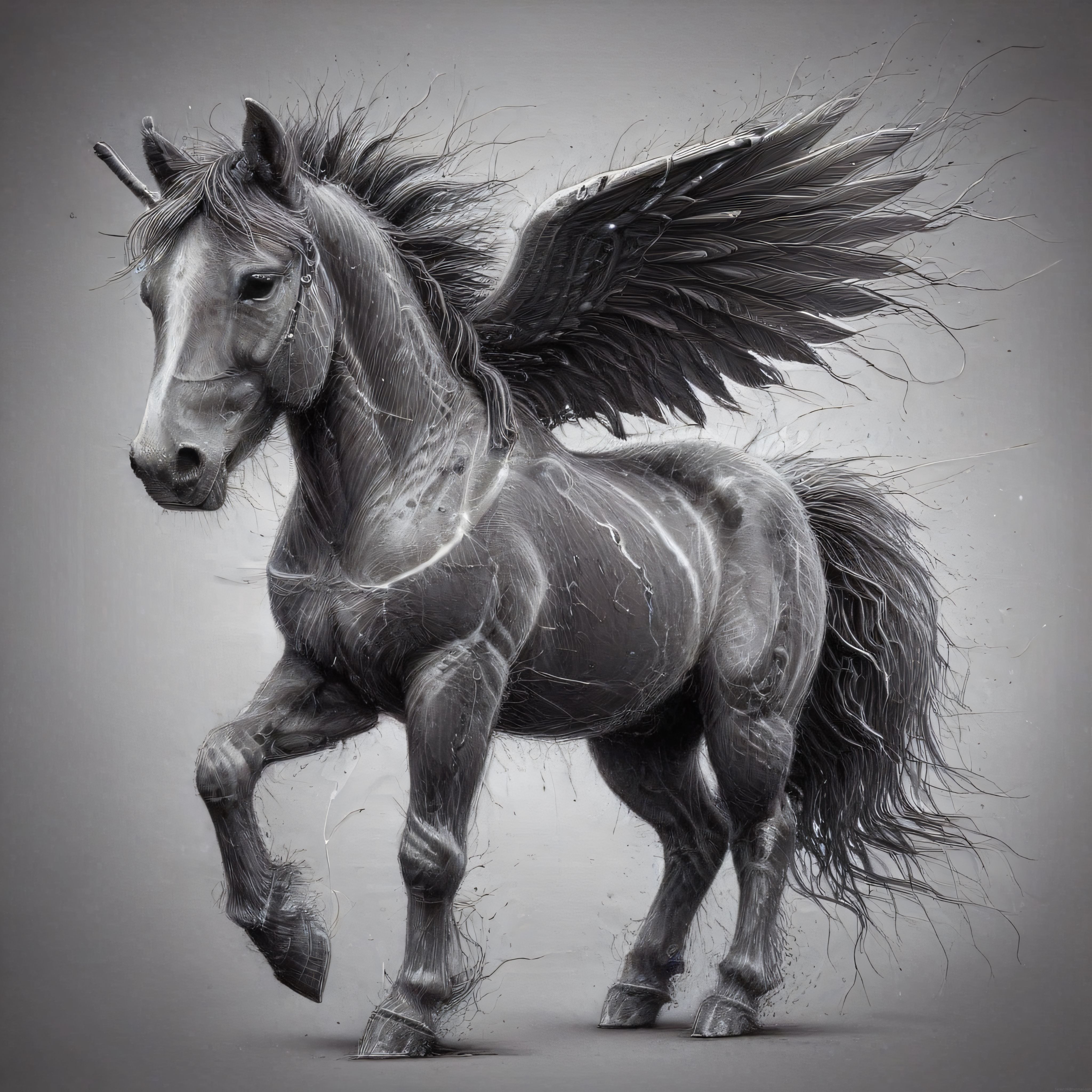 Gri Tonlamalı 3D Mistik Kanatlı Unicorn Dijital Sanat Eseri ve Tasarım