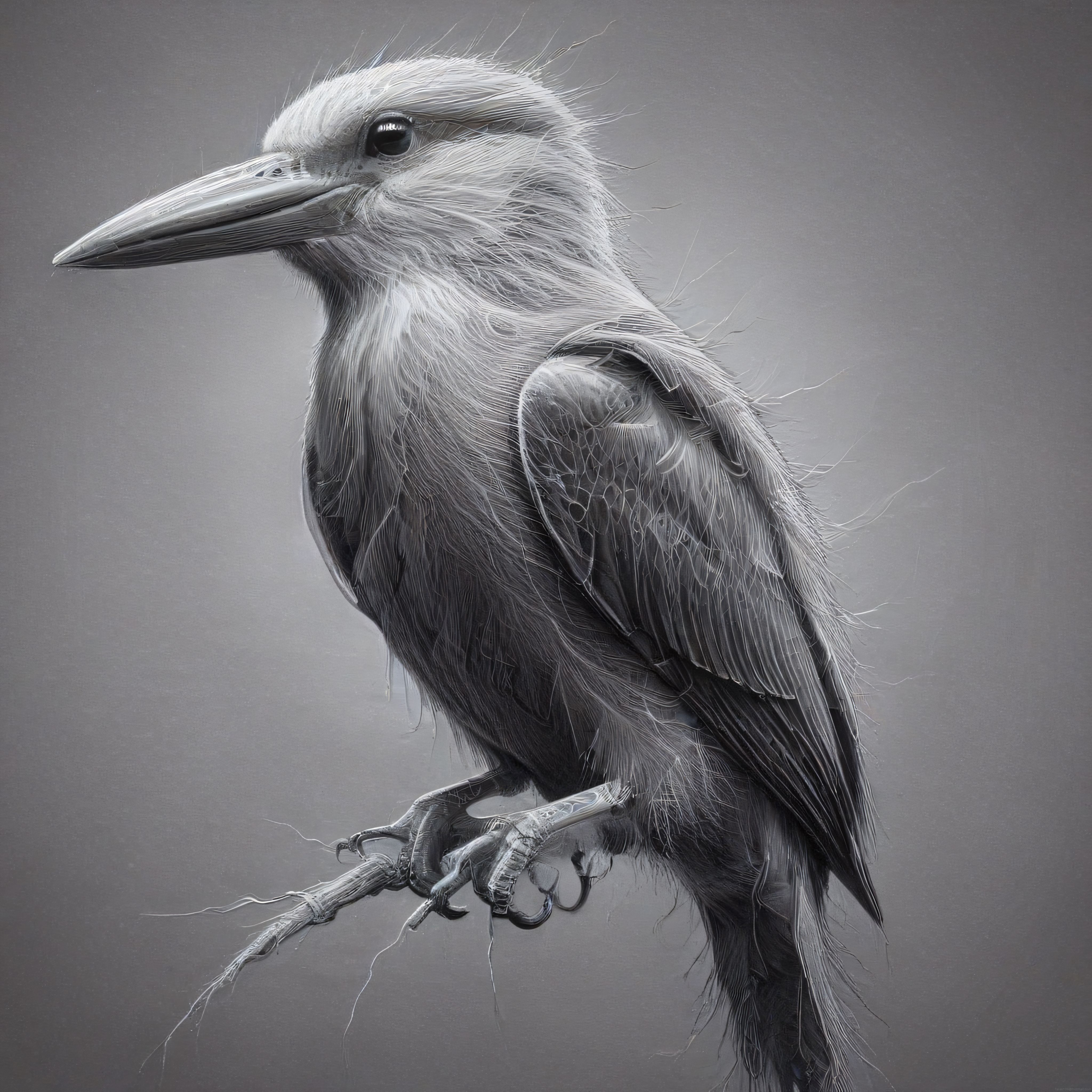 Gri tonlamalı hiperrealist kuzgun portresi: Dal üzerinde detaylı tüy dokusu