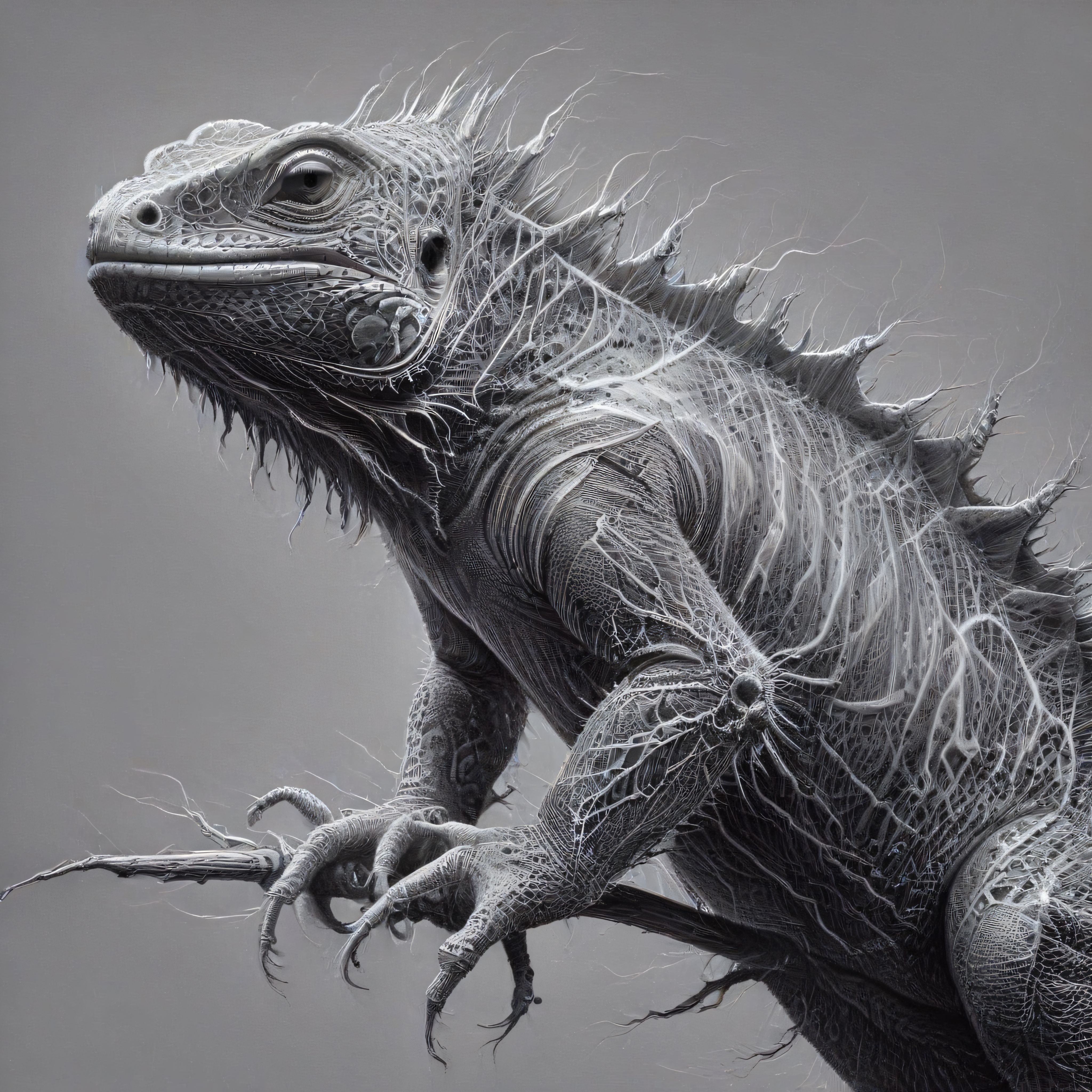 Gri tonlarda, ağ desenli dikenli bir iguana benzeri yaratık çizimi