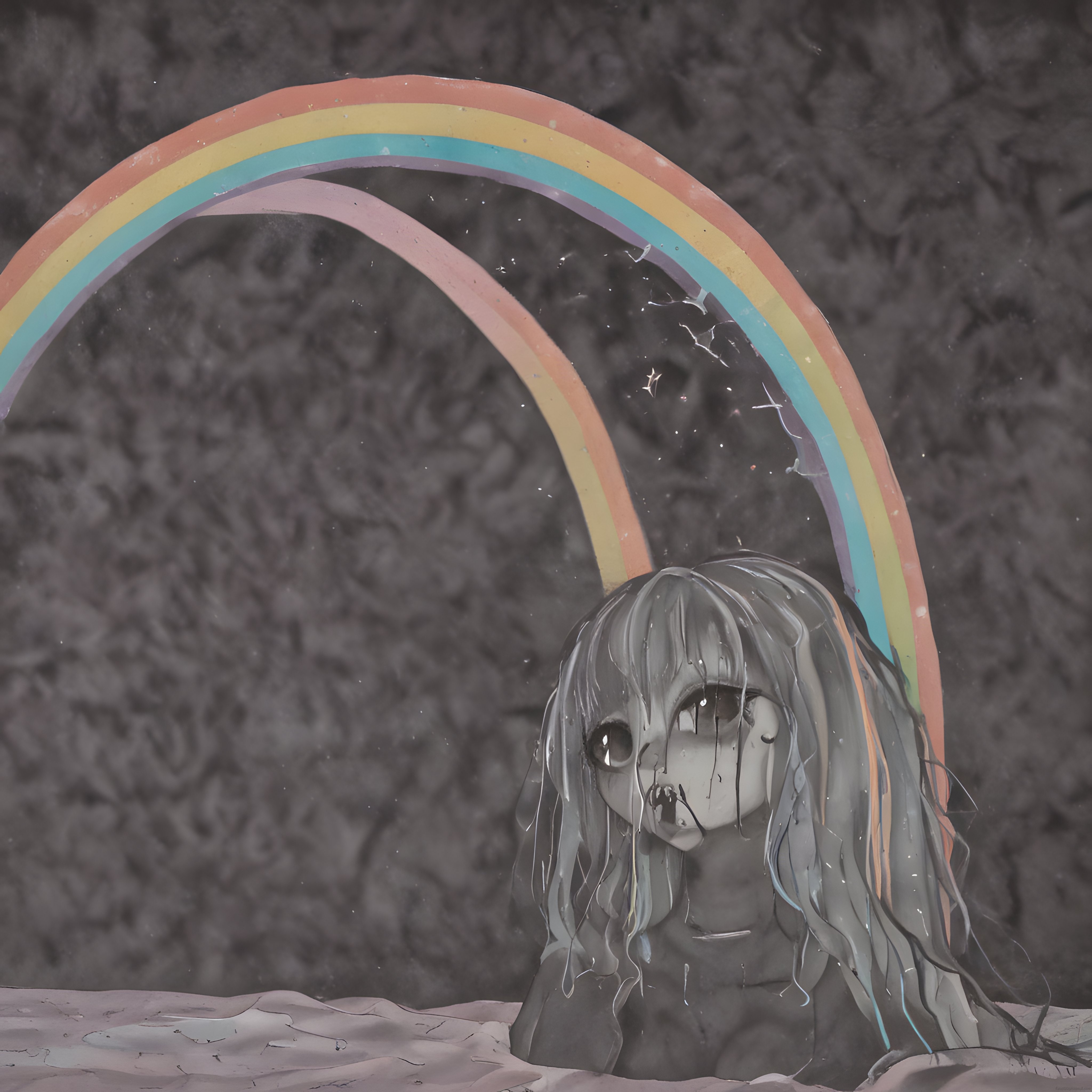 Gri tonlarda ıslak saçlı anime kız ve pastel gökkuşağı: melankolik illüstrasyon