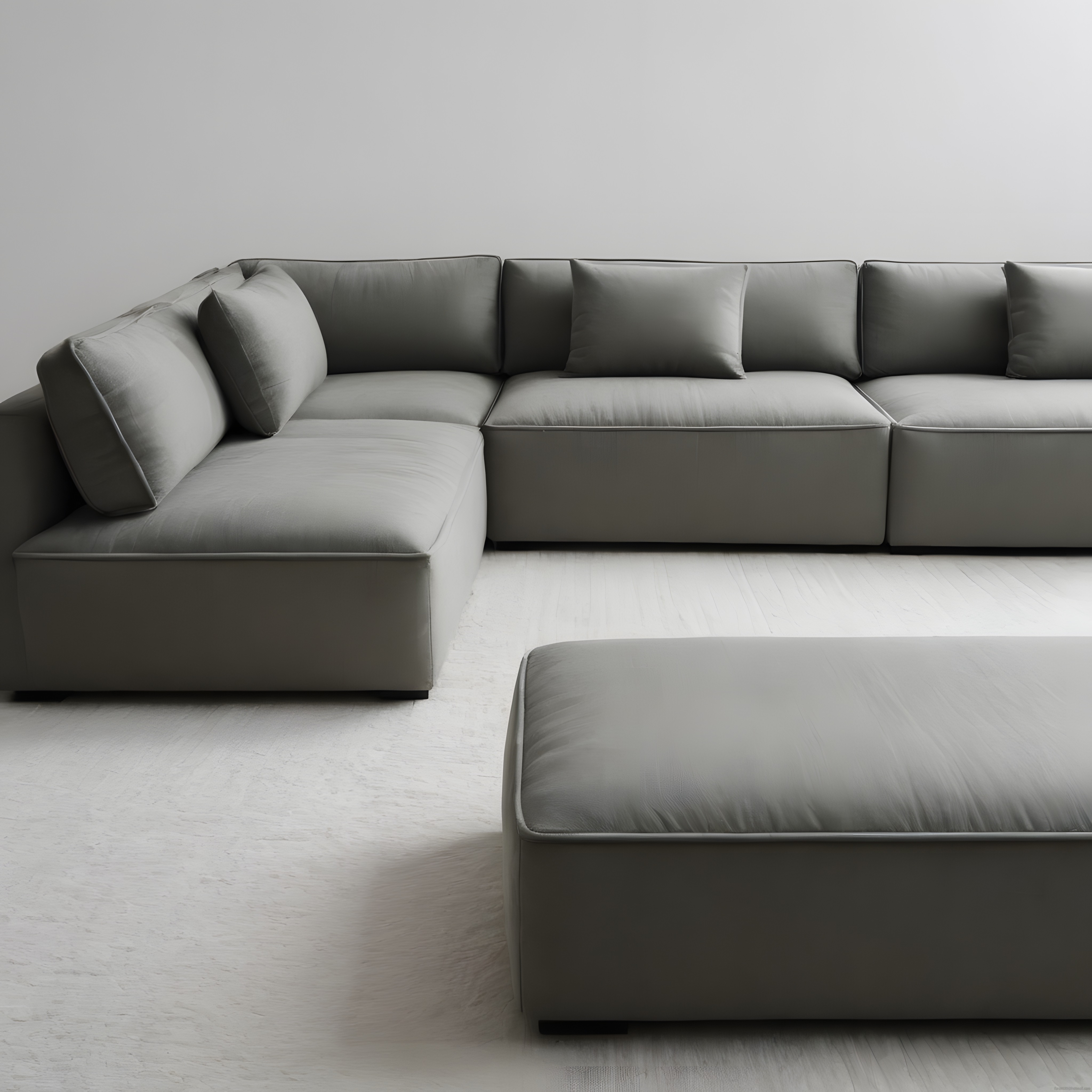 Gri Tonlarında Modern L Köşe Koltuk ve Puf ile Minimalist Salon Dekorasyonu