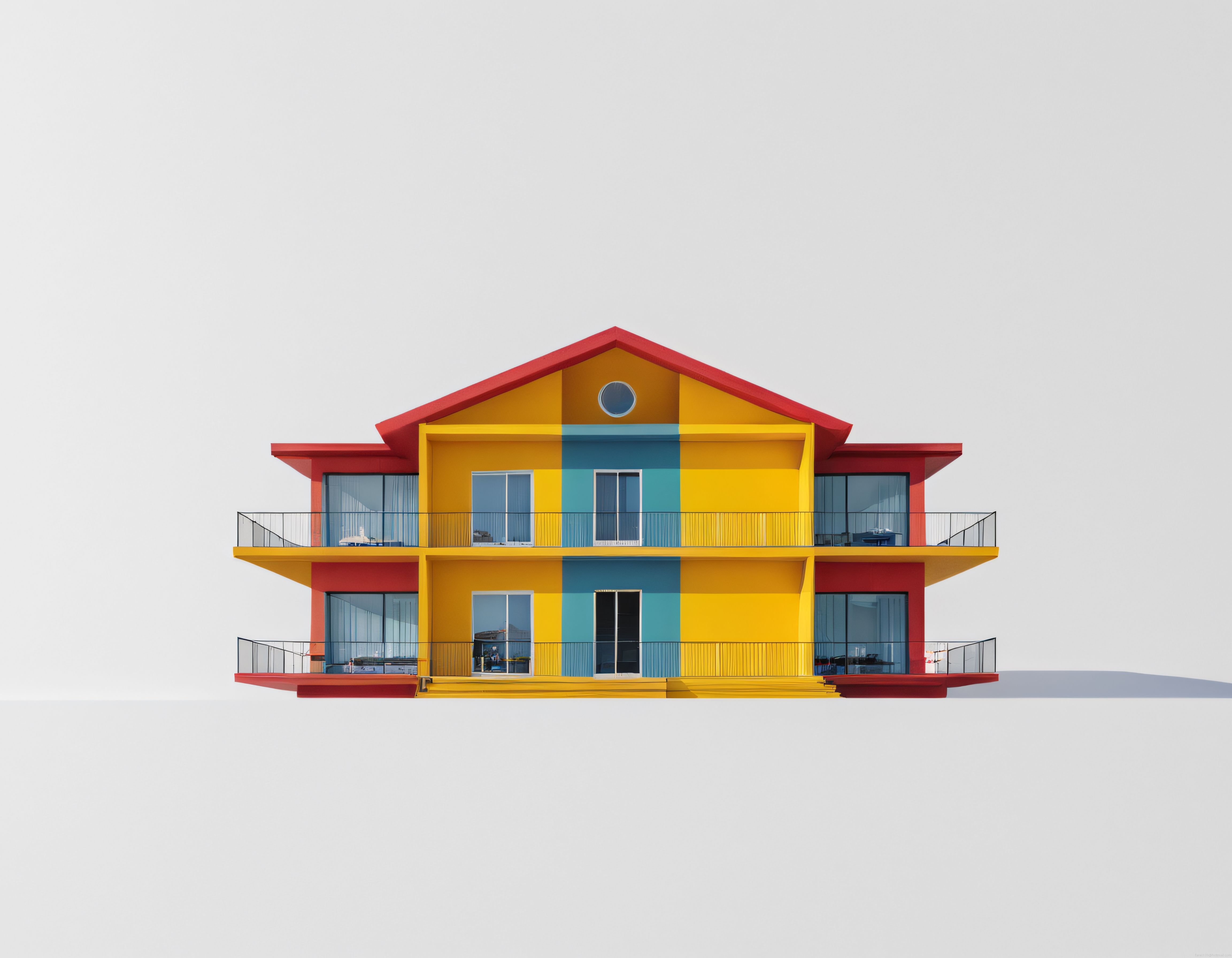 Gri zemin üzerinde canlı renklerle tasarlanmış geometrik iki katlı modern minimalist villa cephesi